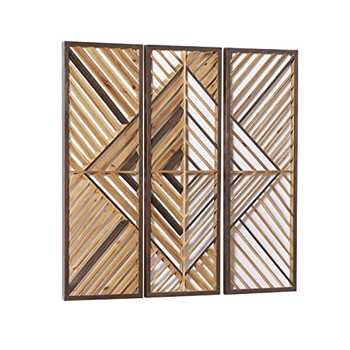 Deco 79 Wood Geometric Home Wall Decor Slatted Wood Design Wall Sculpture, Set of 3 Wall Art 12"W, 35"H, Brown