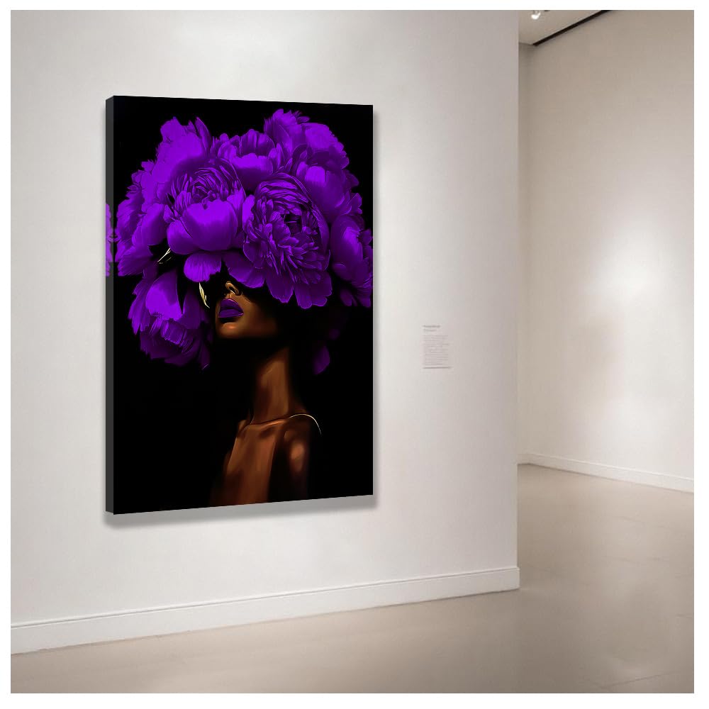 DOARTDO African American Wall Art Woman with Flowers on Head Painting Black and Purple Pictures Black Women Portrait Canvas Prints Bedroom Home Decor Framed (Purple, (12.00" x 18.00")