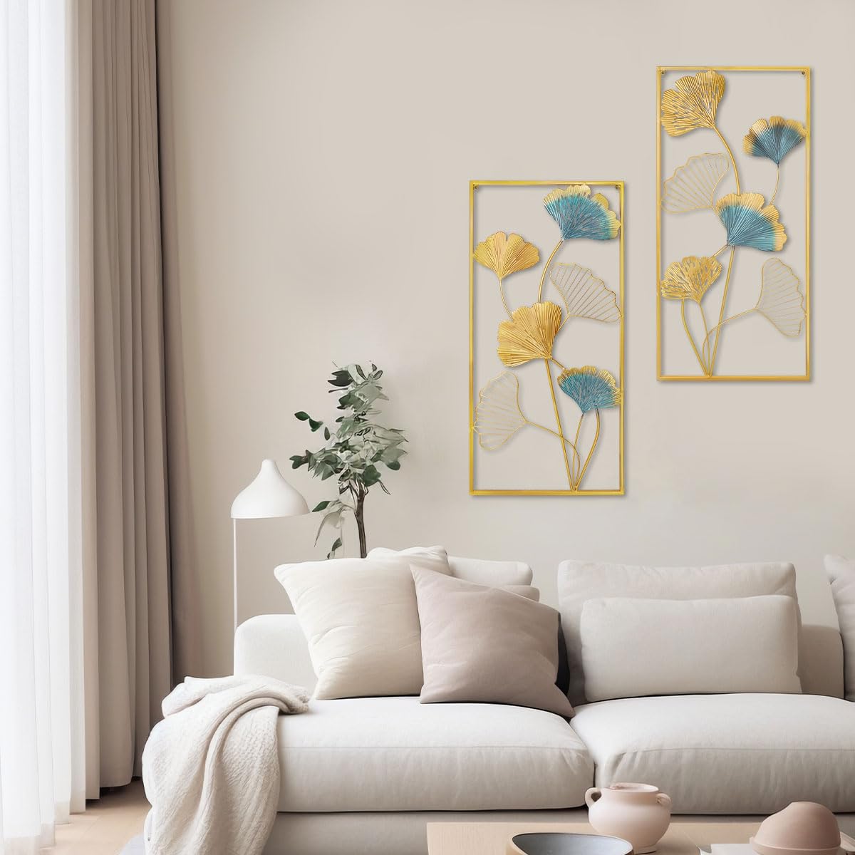 XUANYUQL Metal Wall Art Set of 2 Gold Wall Decor Ginkgo Leaf Wall Decorations with Frame for Living Room Bedroom Study Room Home Office (33.5" X 15.75")