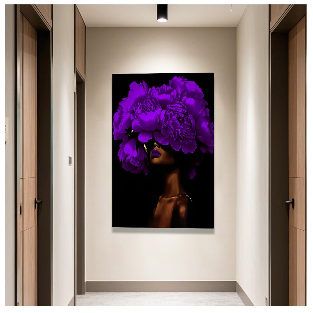 DOARTDO African American Wall Art Woman with Flowers on Head Painting Black and Purple Pictures Black Women Portrait Canvas Prints Bedroom Home Decor Framed (Purple, (12.00" x 18.00")