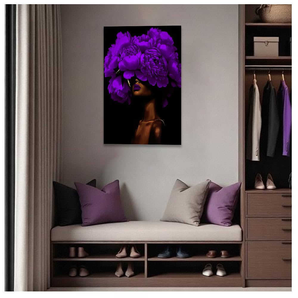 DOARTDO African American Wall Art Woman with Flowers on Head Painting Black and Purple Pictures Black Women Portrait Canvas Prints Bedroom Home Decor Framed (Purple, (12.00" x 18.00")