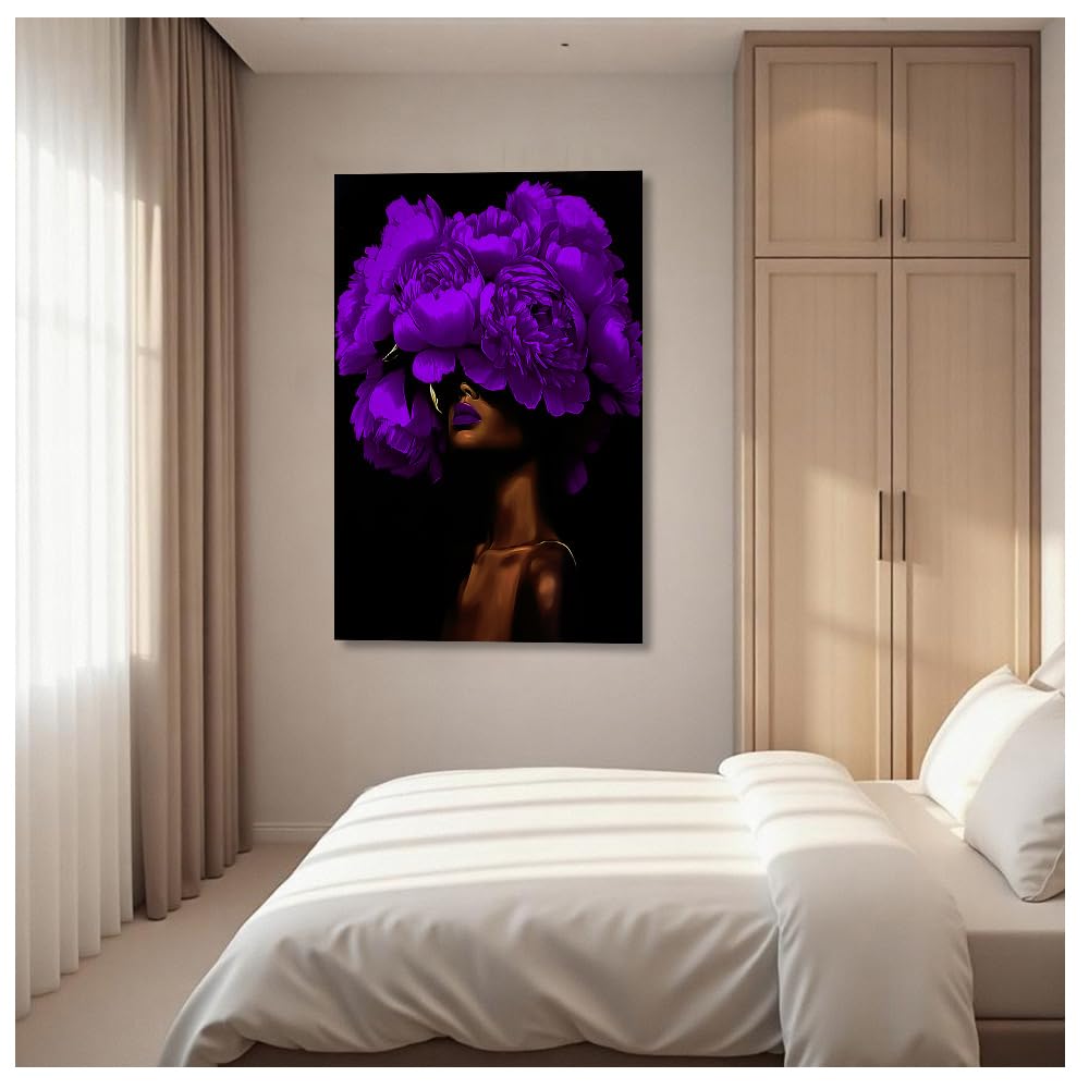 DOARTDO African American Wall Art Woman with Flowers on Head Painting Black and Purple Pictures Black Women Portrait Canvas Prints Bedroom Home Decor Framed (Purple, (12.00" x 18.00")
