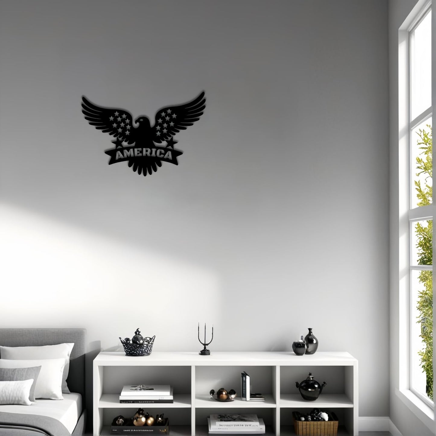 American Eagle Metal Wall Decor - Patriotic Bald Eagle with Stars & Stripes, 4th of July Independence Day Hanging Art for Outdoor/Indoor, Office, Bedroom (13.8x9.85 Inch)