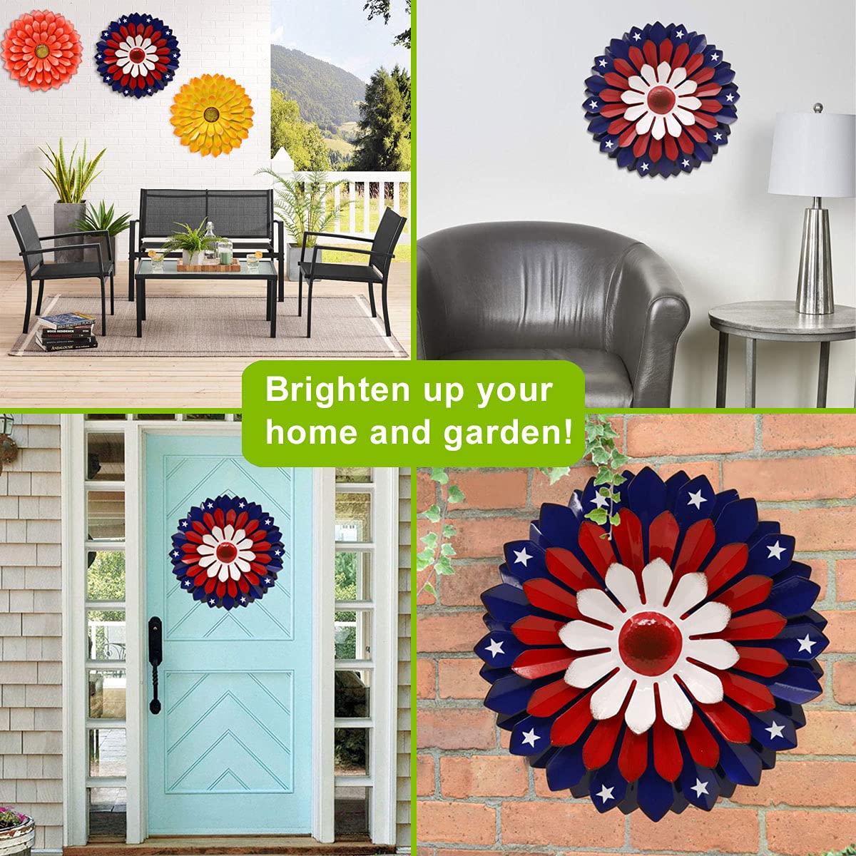 Goodeco Patriotic Metal Wall Art Flowers - 13" USA Accessories American Flag - Iron Floral Wall Decor for Balcony/Patio/Porch/Office/Bedroom/Living room,Unique Gifts