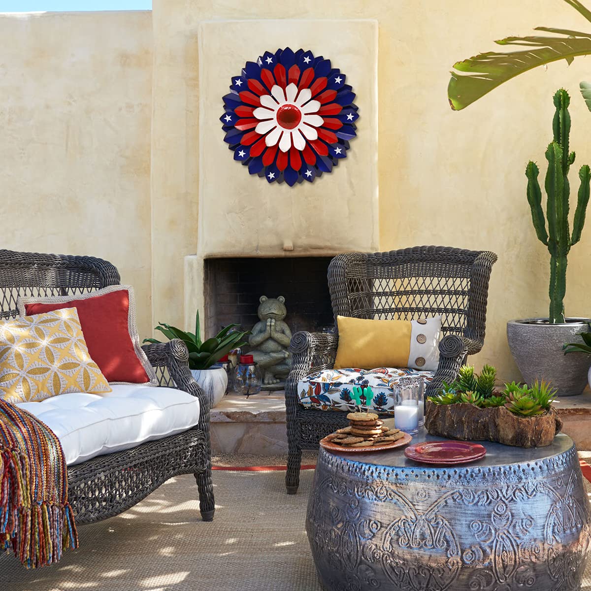 Goodeco Patriotic Metal Wall Art Flowers - 13" USA Accessories American Flag - Iron Floral Wall Decor for Balcony/Patio/Porch/Office/Bedroom/Living room,Unique Gifts