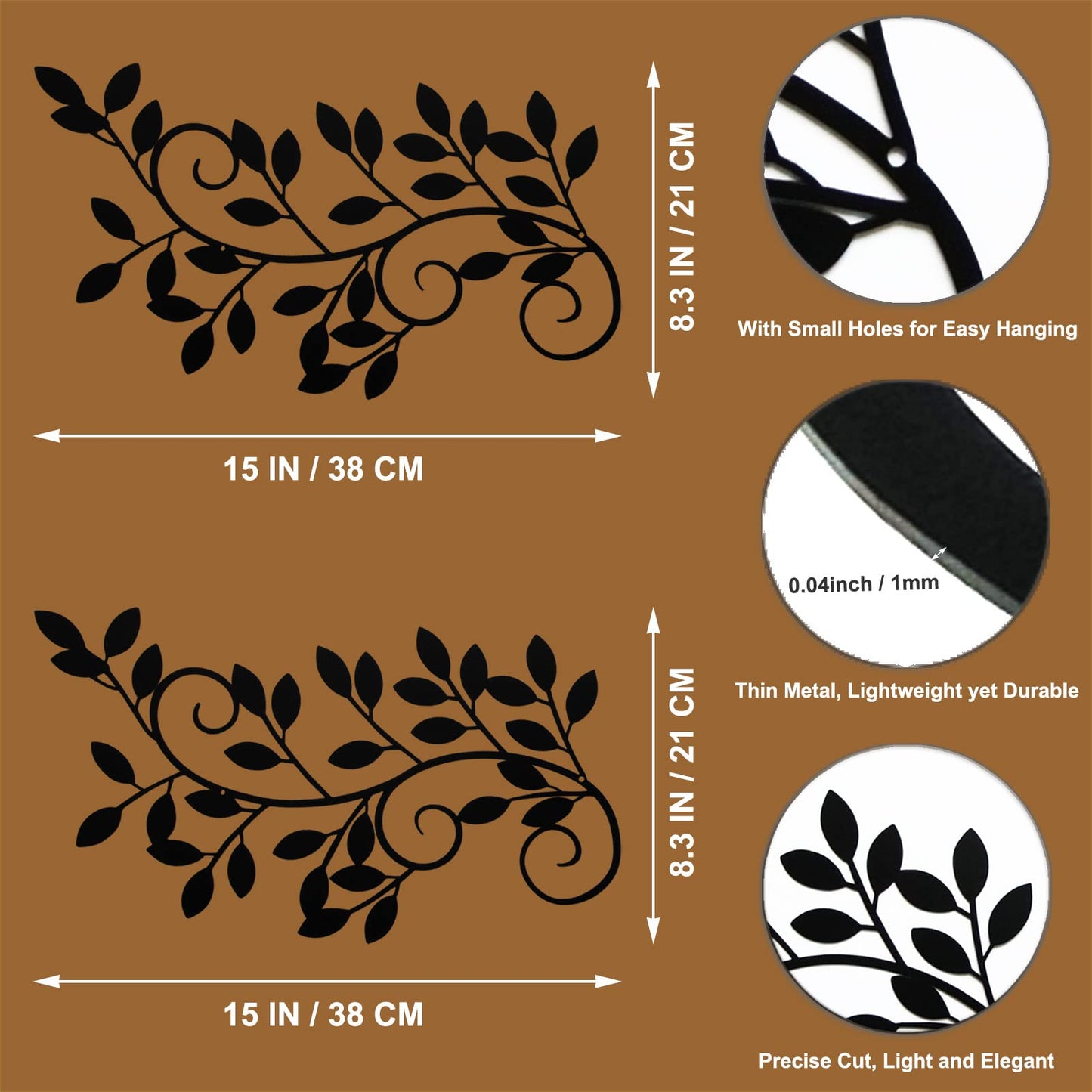 2 Pieces Metal Tree Leaf Wall Decor Vine Olive Branch Leaf Wall Art Wrought Iron Scroll Sculptures for Above the Bed, Living Room, Bathroom, Hallway, Office, Outdoor Decoration (Black)