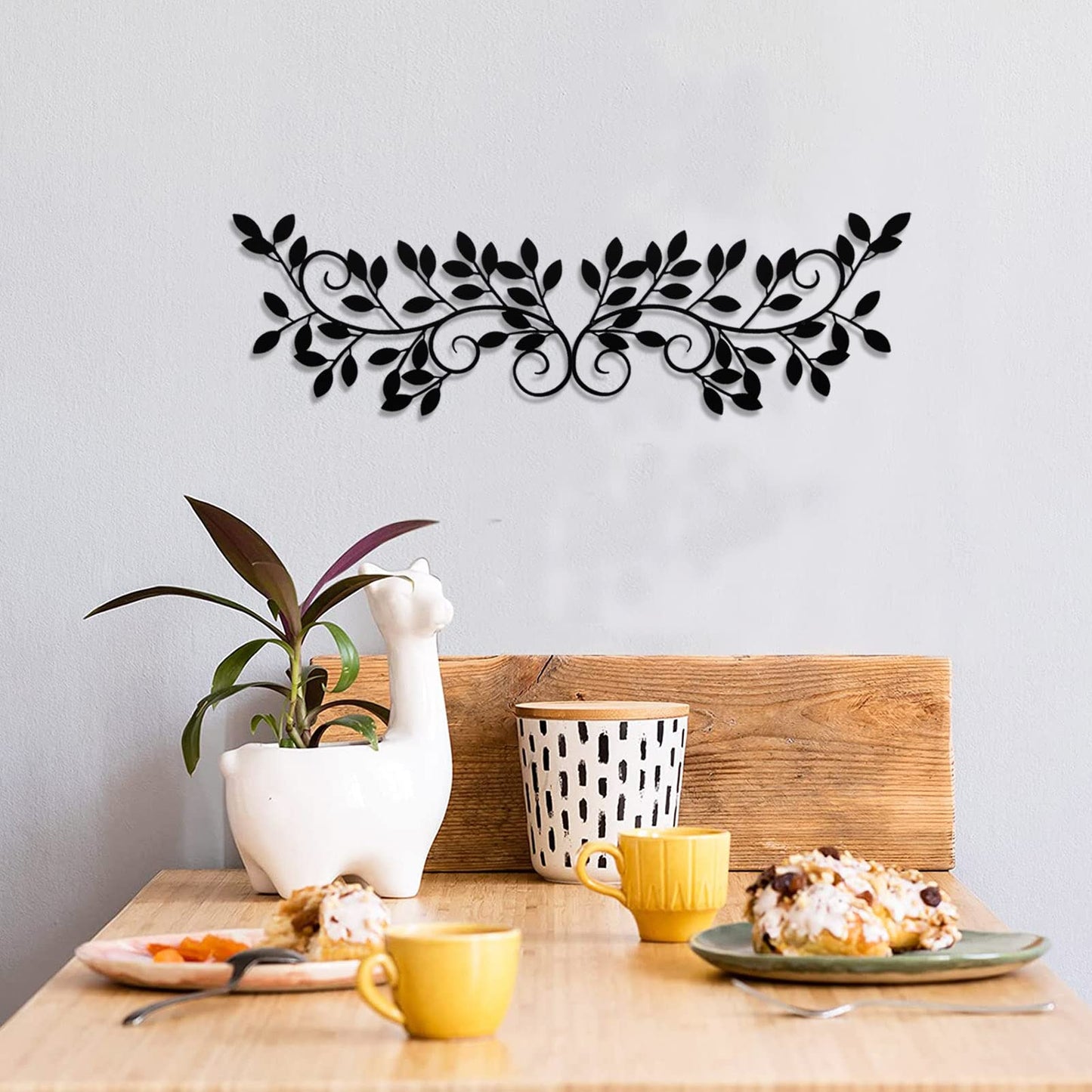 2 Pieces Metal Tree Leaf Wall Decor Vine Olive Branch Leaf Wall Art Wrought Iron Scroll Sculptures for Above the Bed, Living Room, Bathroom, Hallway, Office, Outdoor Decoration (Black)