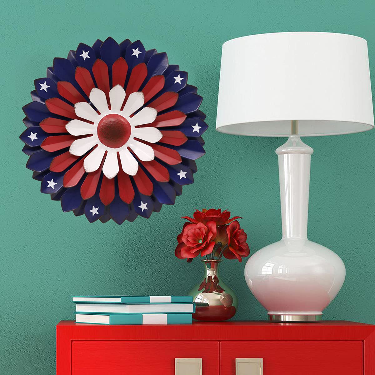 Goodeco Patriotic Metal Wall Art Flowers - 13" USA Accessories American Flag - Iron Floral Wall Decor for Balcony/Patio/Porch/Office/Bedroom/Living room,Unique Gifts