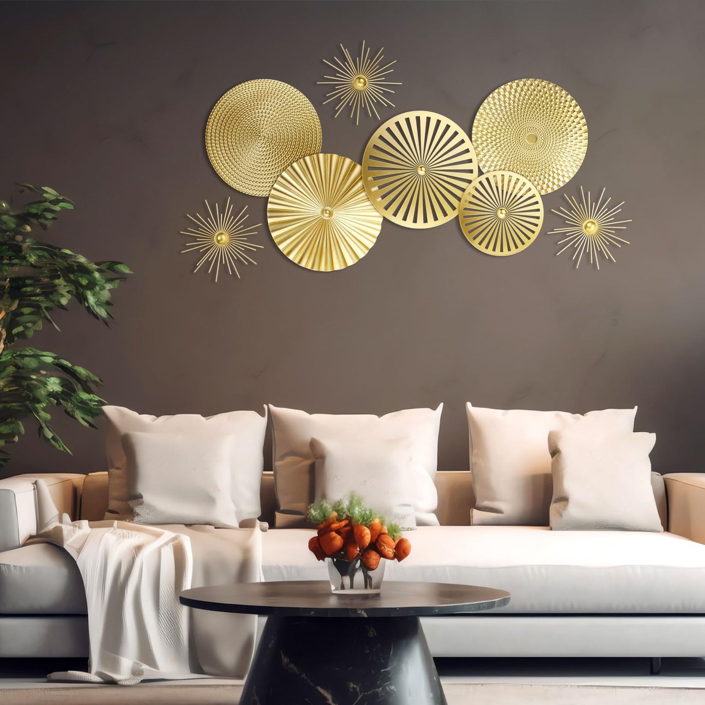 Lingvee 8 Pcs Gold Wall Decor Modern Metal Decor Metal Starbursts Radial Plate Art Hanging Decorative Wall Decorations for Home Bedroom Bathroom Living Room Office Sculpture(Gold)