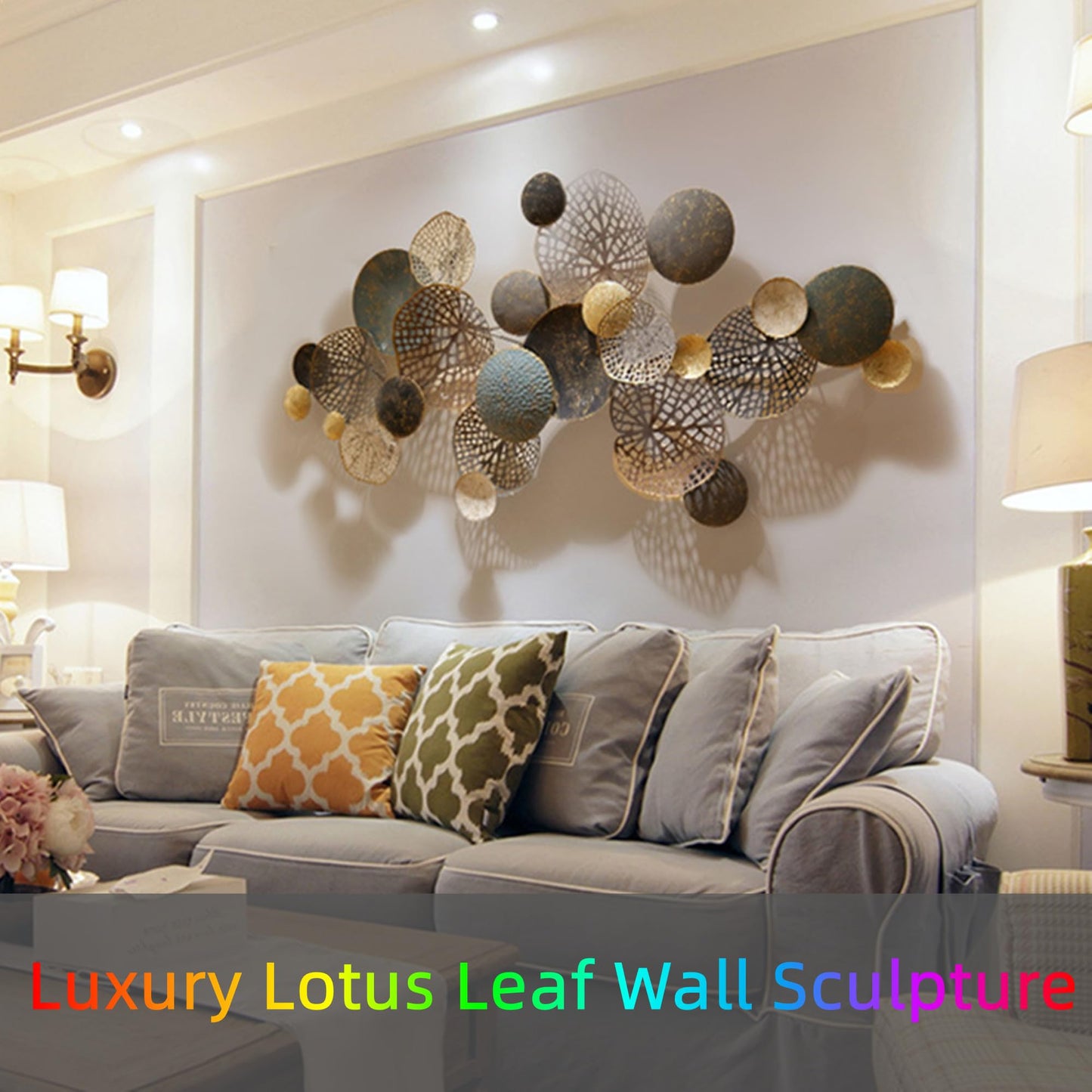 ZZYYZZ Large Metal Wall Decor, Boho Lotus Leaf Metal Wall Decoration, 3D Stacked Flower Wall Art Décor, Nautical Coastal Outdoor Wall Decor, for Living Room Bedroom Dining Room, 52.5" x 26.5"