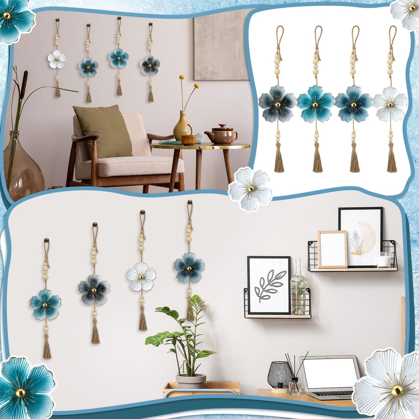 Tandefio 4 Pcs Metal Flower Wall Decor 7.9 x 22 Inch Large Metal Wall Art Decor Rustic Blue Floral Hanging Art for Living Room Home Bathroom Bedroom Indoor Outdoor(Classic)