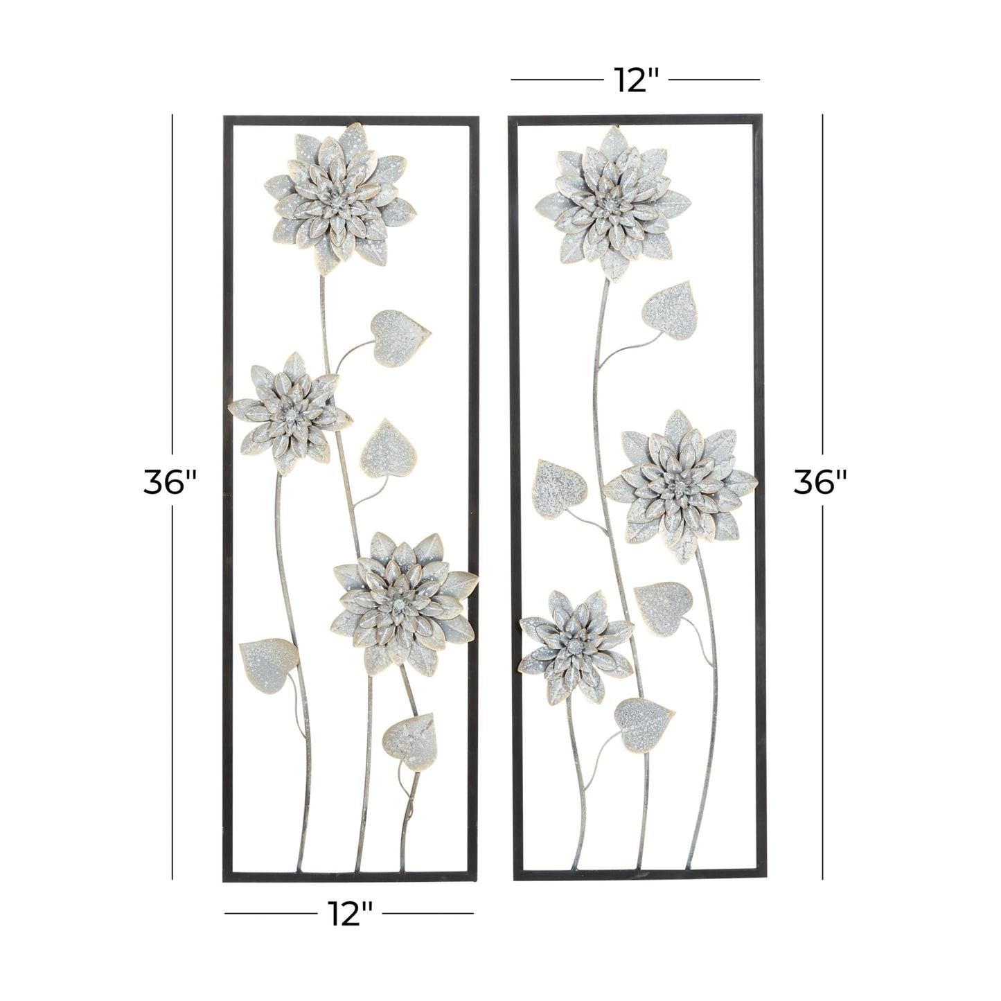 Deco 79 Metal Floral Home Wall Decor Wall Sculpture with Black Frame, Set of 2 Wall Art 12"W, 36"H, Gray