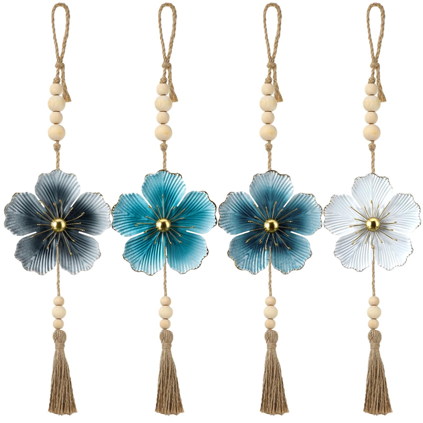 Tandefio 4 Pcs Metal Flower Wall Decor 7.9 x 22 Inch Large Metal Wall Art Decor Rustic Blue Floral Hanging Art for Living Room Home Bathroom Bedroom Indoor Outdoor(Classic)
