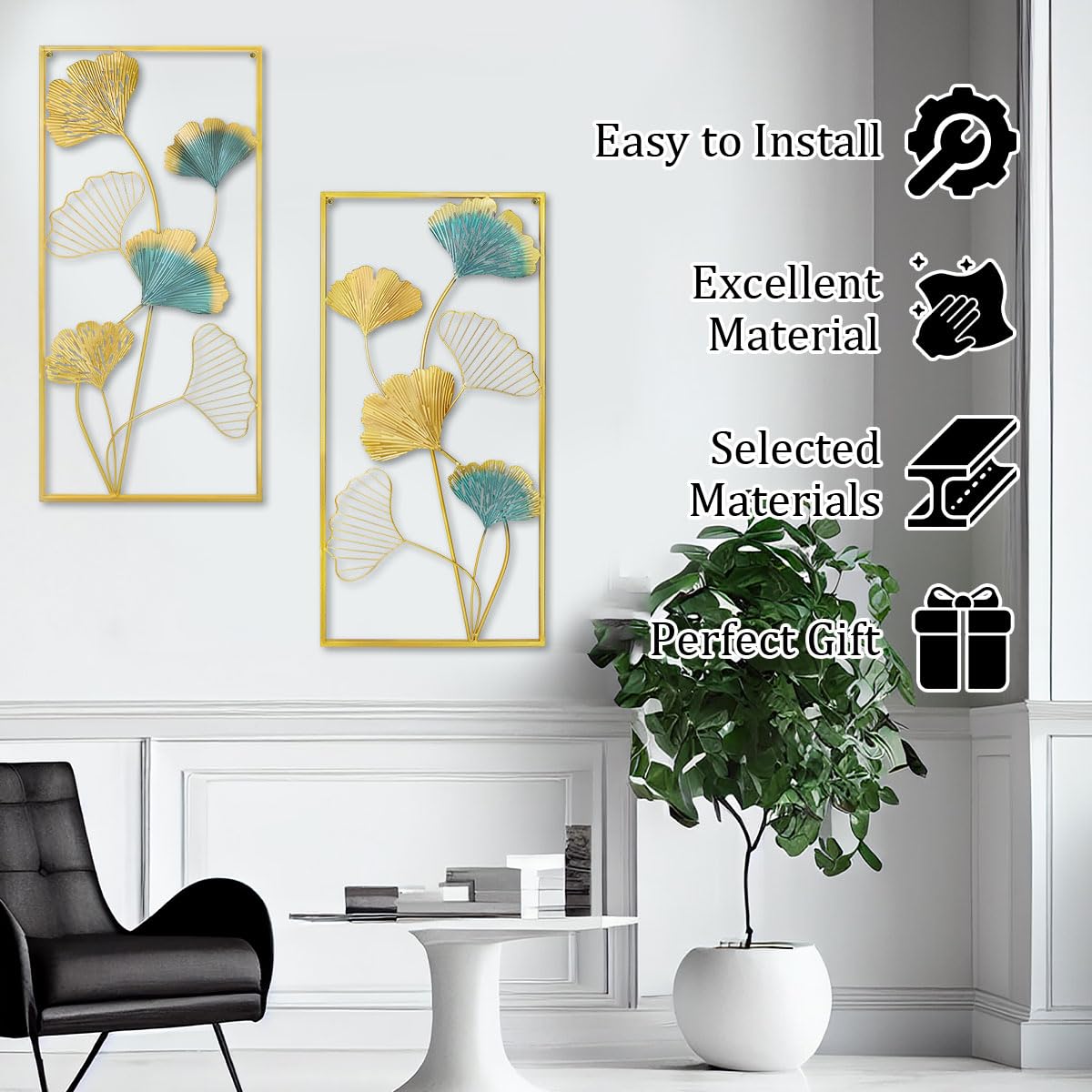 XUANYUQL Metal Wall Art Set of 2 Gold Wall Decor Ginkgo Leaf Wall Decorations with Frame for Living Room Bedroom Study Room Home Office (33.5" X 15.75")
