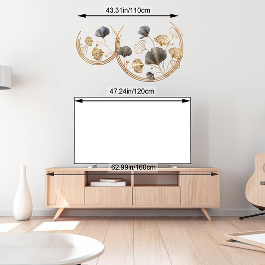 3D Room Wall Decor, Handmade Art Metal Round Golden Ginkgo Leaf Decorative Wall Sculpture for Home Living Room And Bedroom, 2 Pack