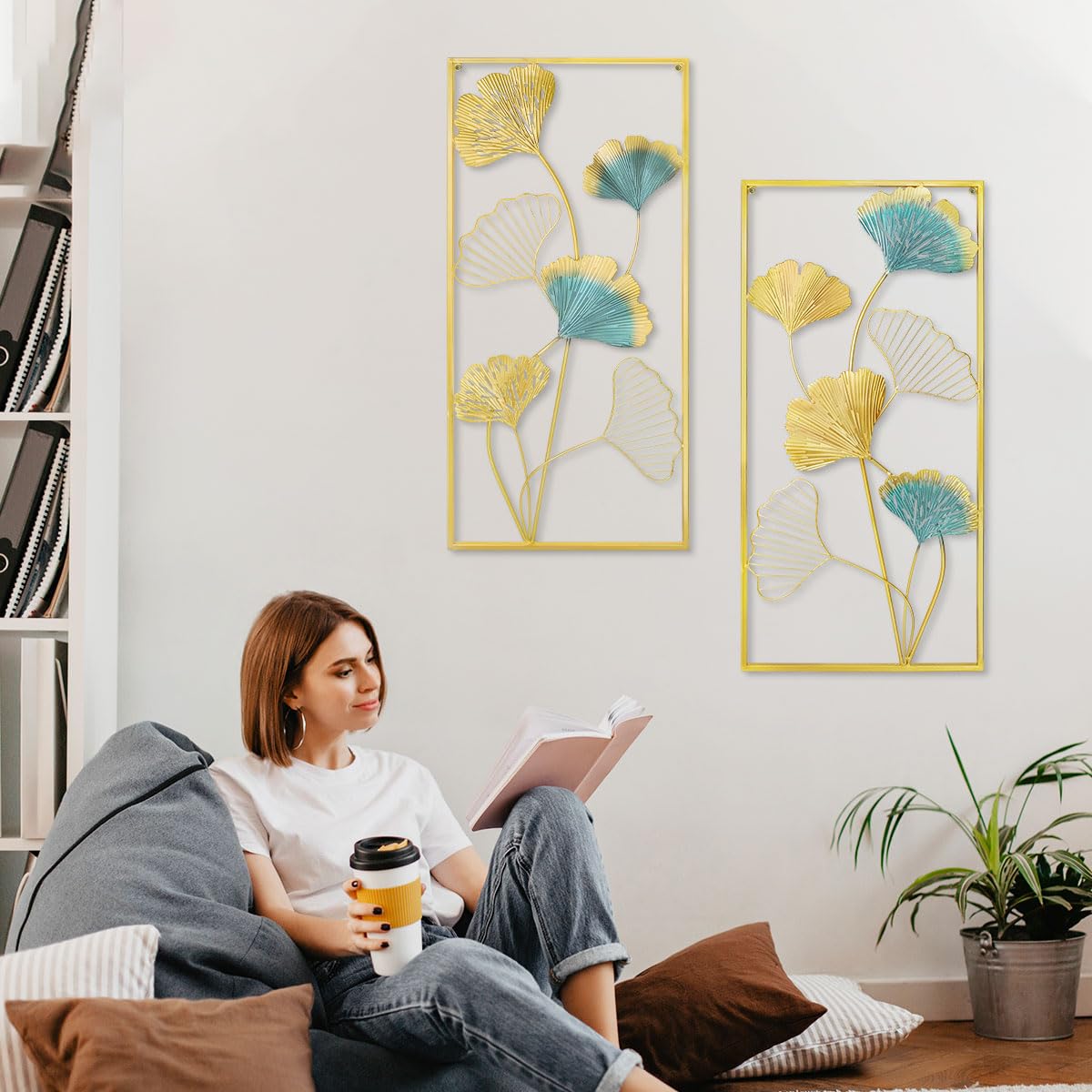XUANYUQL Metal Wall Art Set of 2 Gold Wall Decor Ginkgo Leaf Wall Decorations with Frame for Living Room Bedroom Study Room Home Office (33.5" X 15.75")