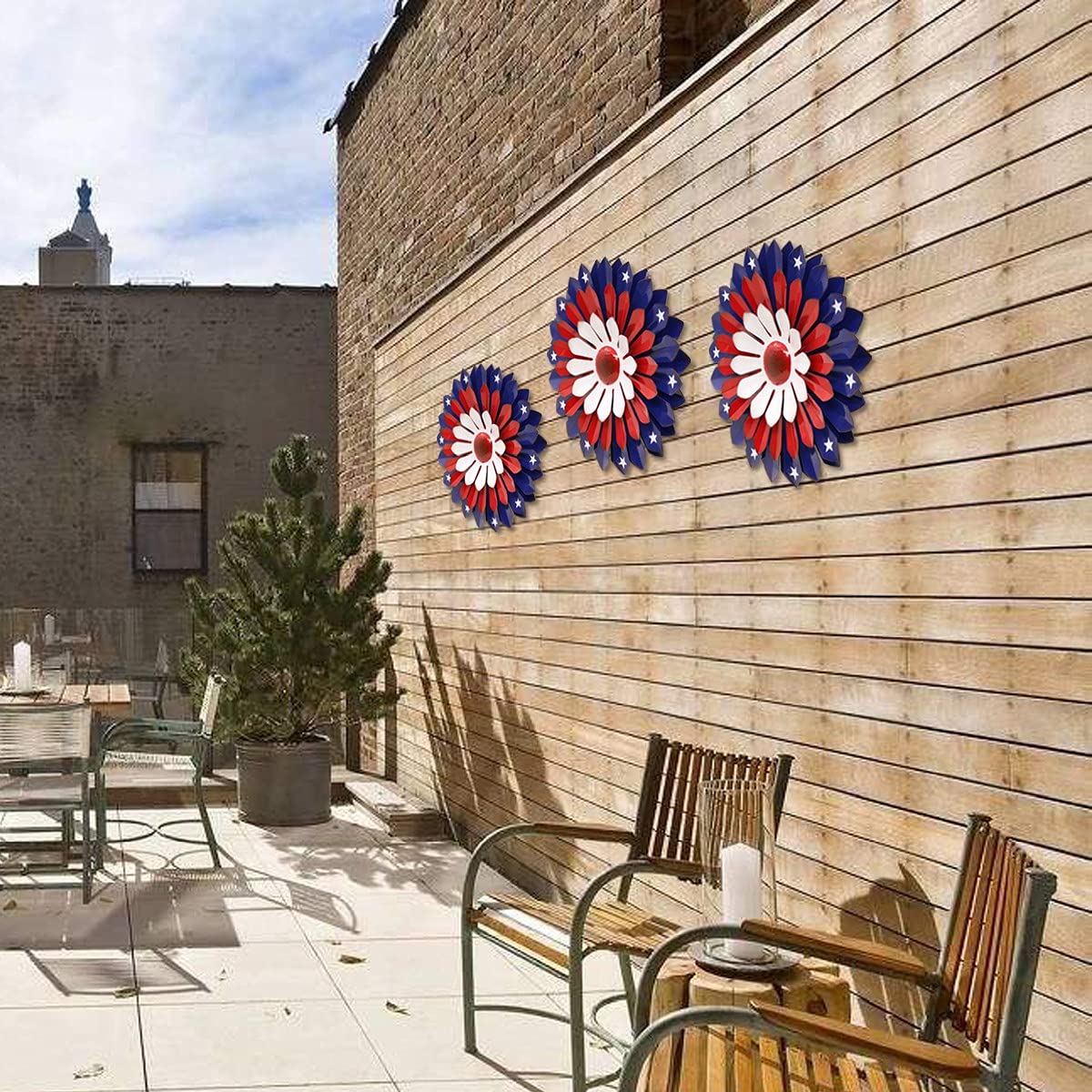 Goodeco Patriotic Metal Wall Art Flowers - 13" USA Accessories American Flag - Iron Floral Wall Decor for Balcony/Patio/Porch/Office/Bedroom/Living room,Unique Gifts