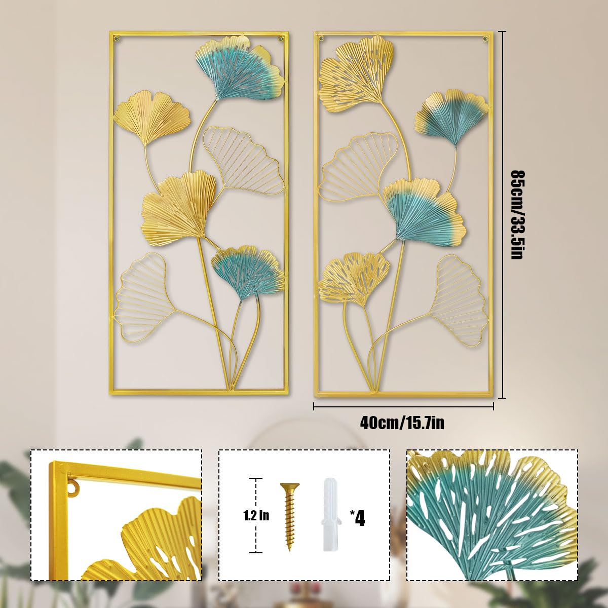 XUANYUQL Metal Wall Art Set of 2 Gold Wall Decor Ginkgo Leaf Wall Decorations with Frame for Living Room Bedroom Study Room Home Office (33.5" X 15.75")