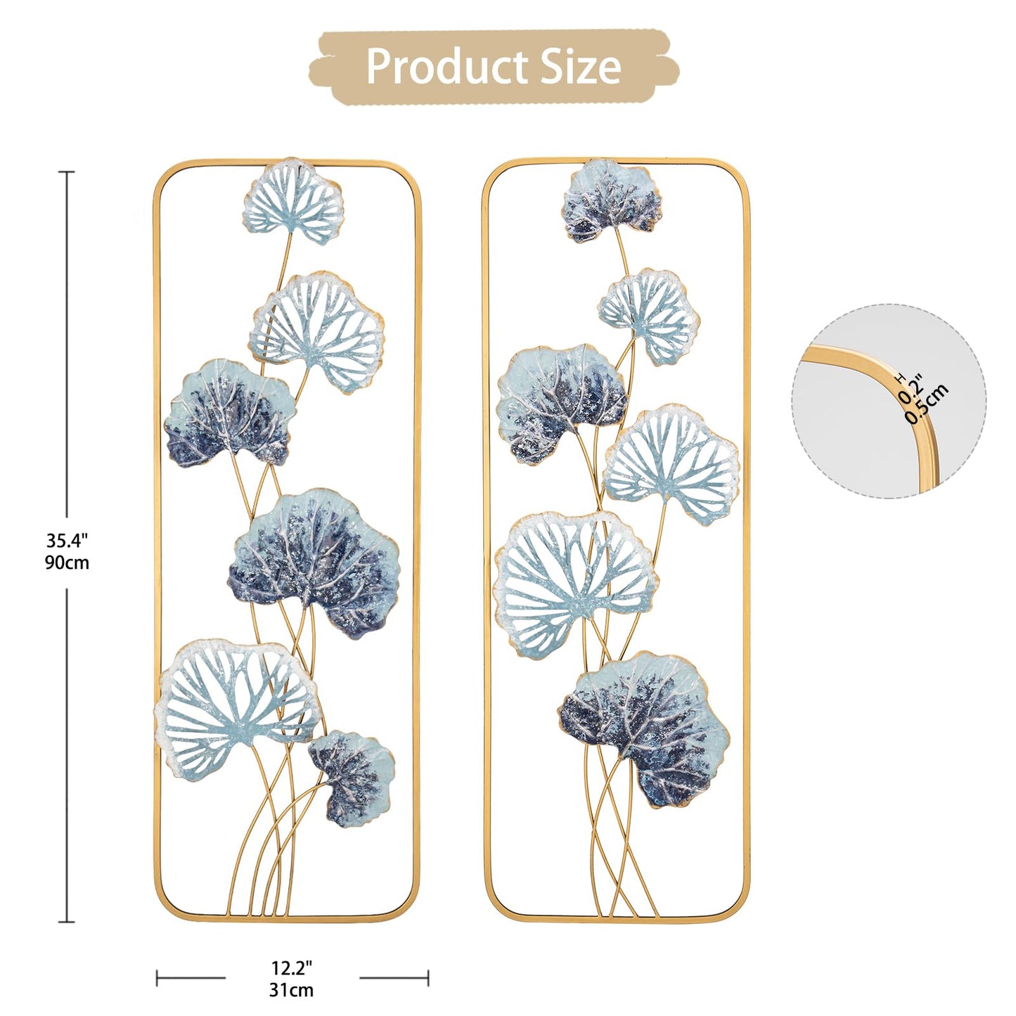 2 Pack Gold Wall Art Décor, 35" Rectangular Panels Metal Work, Modern Wall Décor for Home Office Café Bedroom Living Room Wall Decoration