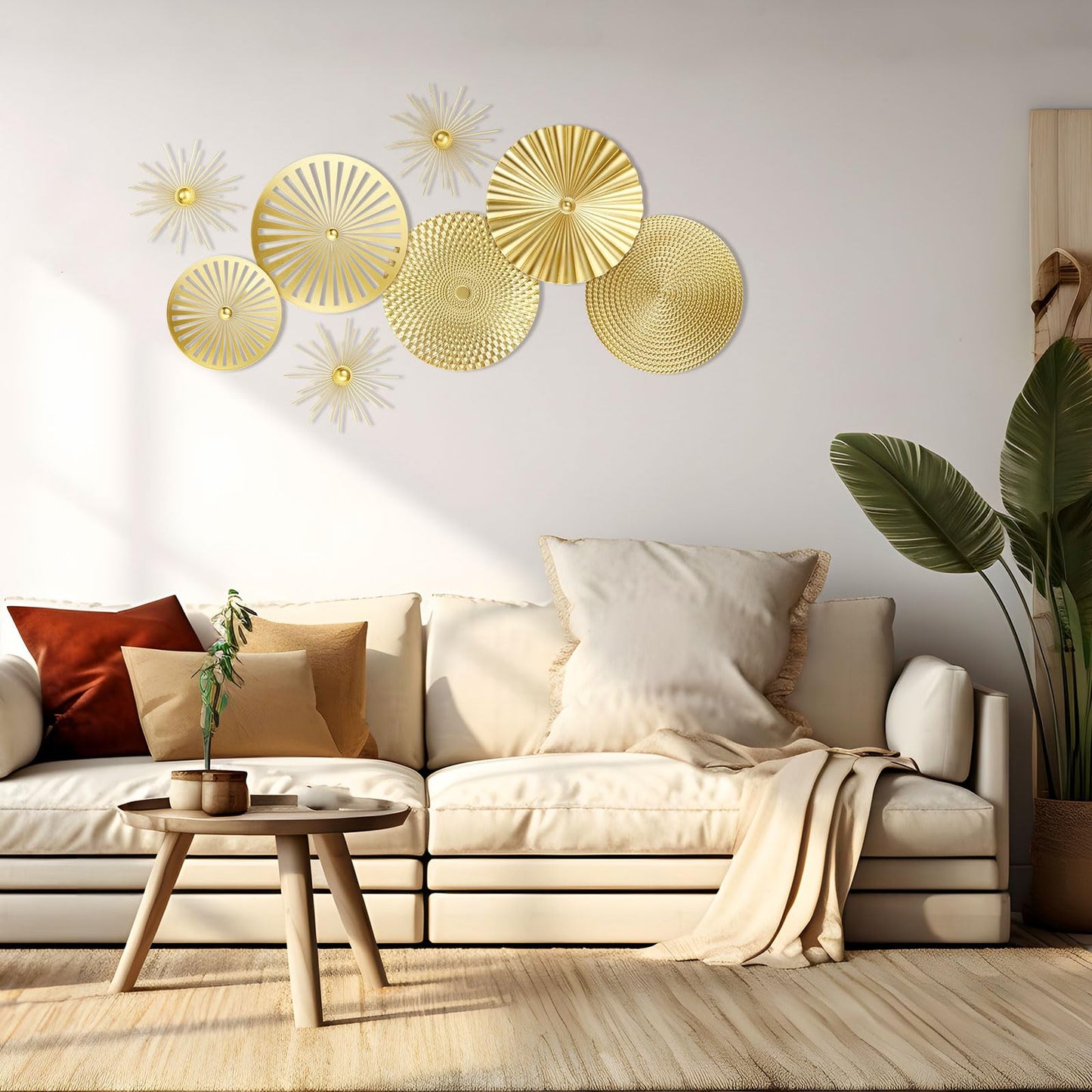 Lingvee 8 Pcs Gold Wall Decor Modern Metal Decor Metal Starbursts Radial Plate Art Hanging Decorative Wall Decorations for Home Bedroom Bathroom Living Room Office Sculpture(Gold)