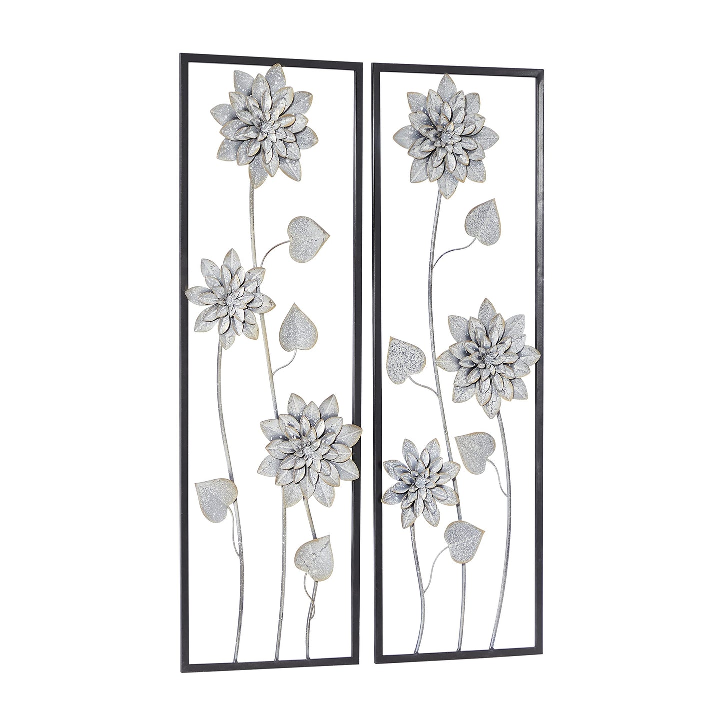 Deco 79 Metal Floral Home Wall Decor Wall Sculpture with Black Frame, Set of 2 Wall Art 12"W, 36"H, Gray