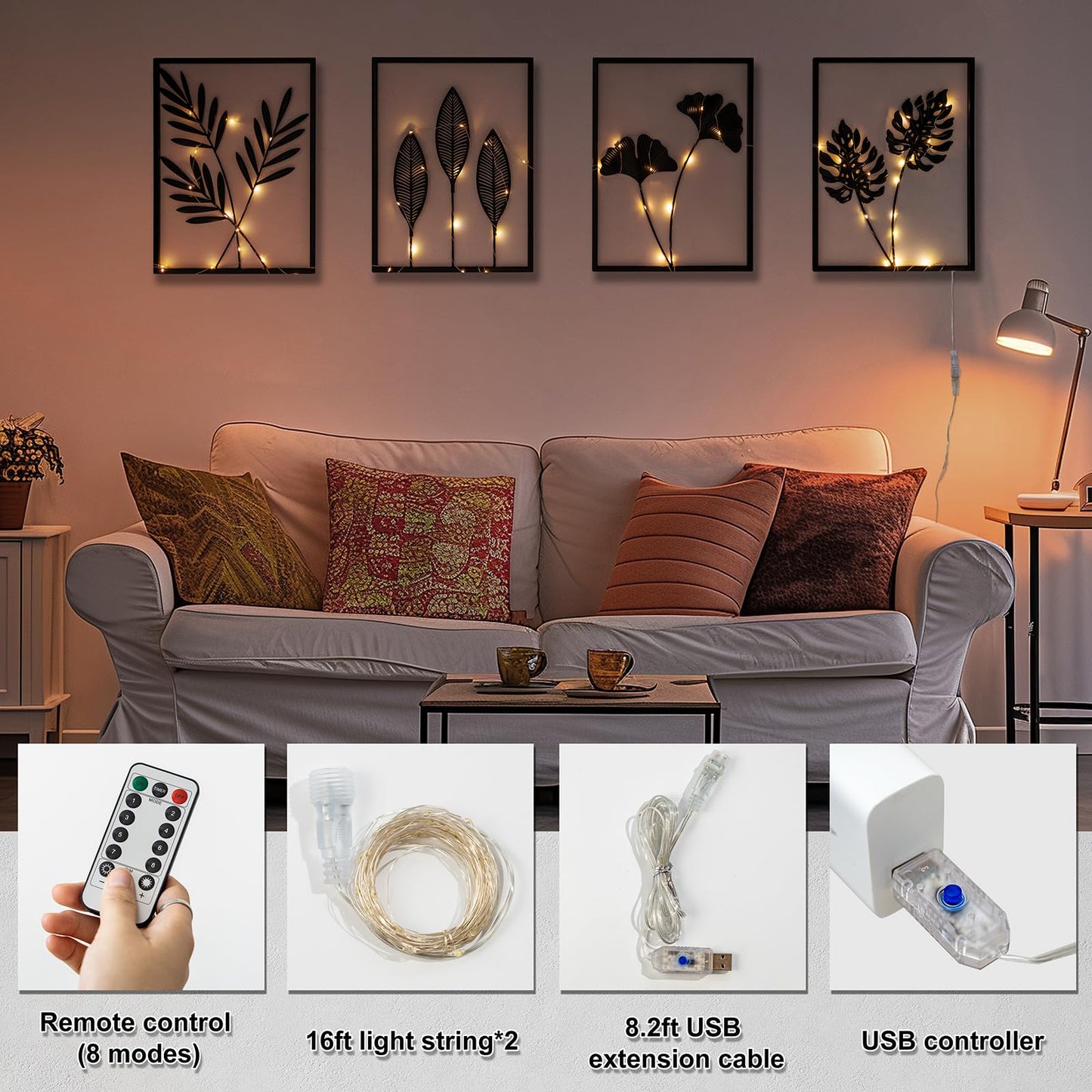 QXSXKJ Black Metal Wall Decor Framed, 3d Modern Metal Wall Art with Light, Minimalist Abstract Black Line Art DéCor, 4 Piece Home Art for Living Room Bedroom Bathroom