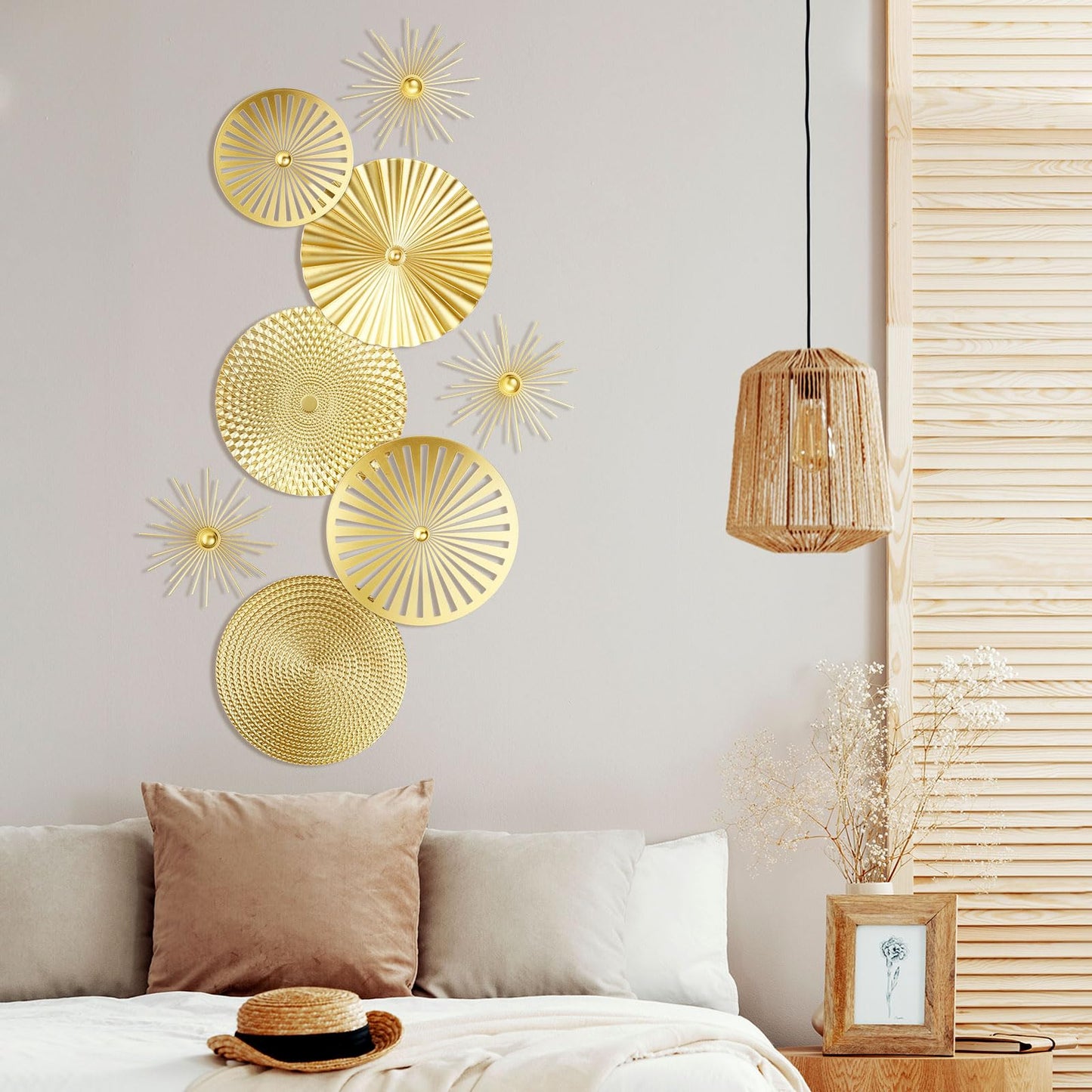 Lingvee 8 Pcs Gold Wall Decor Modern Metal Decor Metal Starbursts Radial Plate Art Hanging Decorative Wall Decorations for Home Bedroom Bathroom Living Room Office Sculpture(Gold)