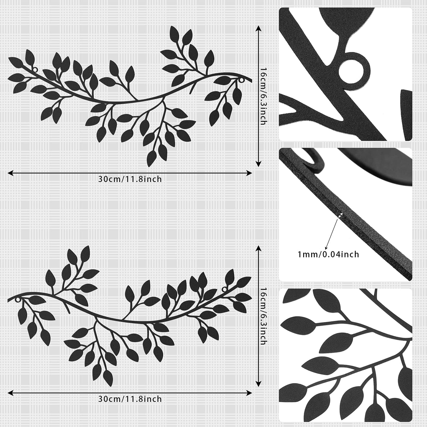 2 Pieces Metal Tree Leaf Wall Decor Vine Olive Branch Leaf Wall Art Wrought Iron Scroll Sculptures Above the Bed, Living Room, Outdoor Decoration (Classic Style,Black)