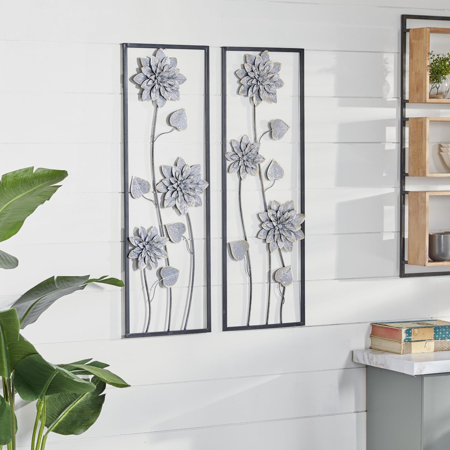 Deco 79 Metal Floral Home Wall Decor Wall Sculpture with Black Frame, Set of 2 Wall Art 12"W, 36"H, Gray