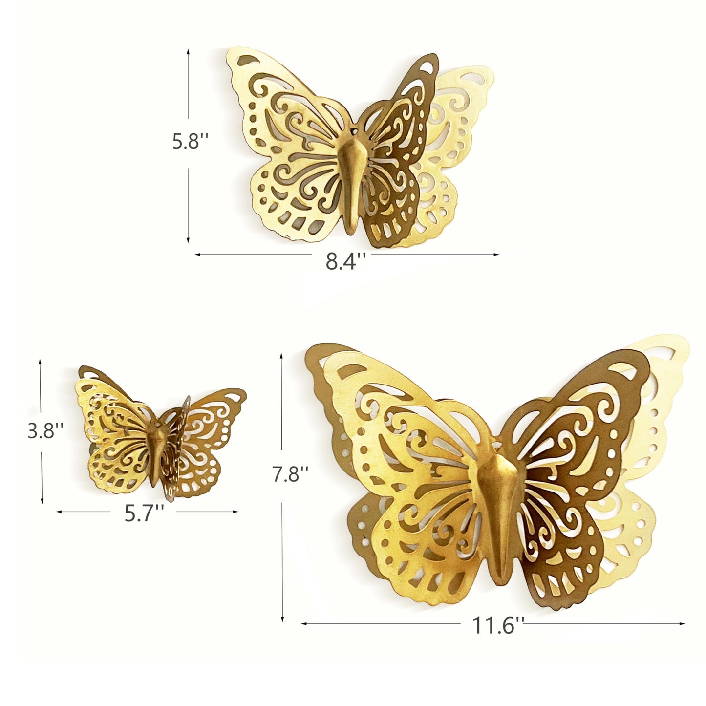 Remenna Gold Finish Metal Butterflies Wall Art Set of 3 Metal Wall Decor Butterfly Hanging Decor for Bedroom Bathroom Living Room Garden Kitchen