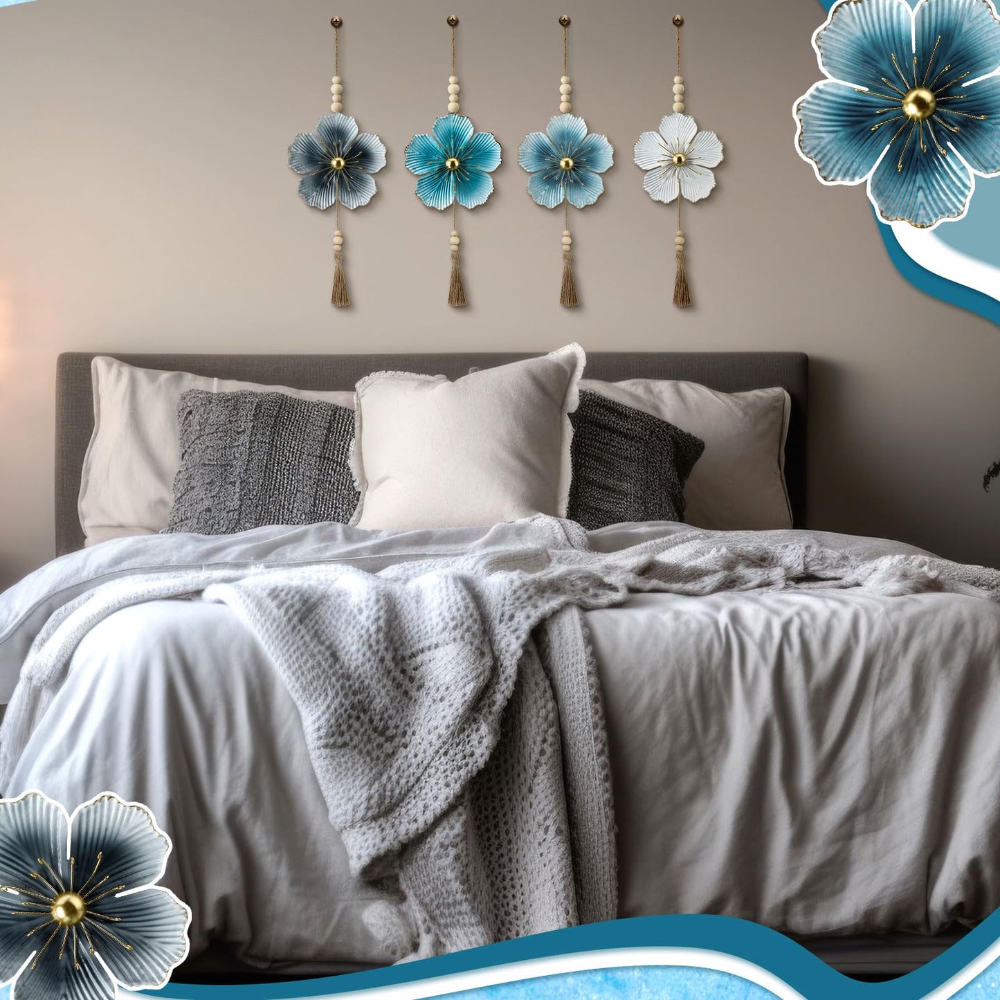 Tandefio 4 Pcs Metal Flower Wall Decor 7.9 x 22 Inch Large Metal Wall Art Decor Rustic Blue Floral Hanging Art for Living Room Home Bathroom Bedroom Indoor Outdoor(Classic)