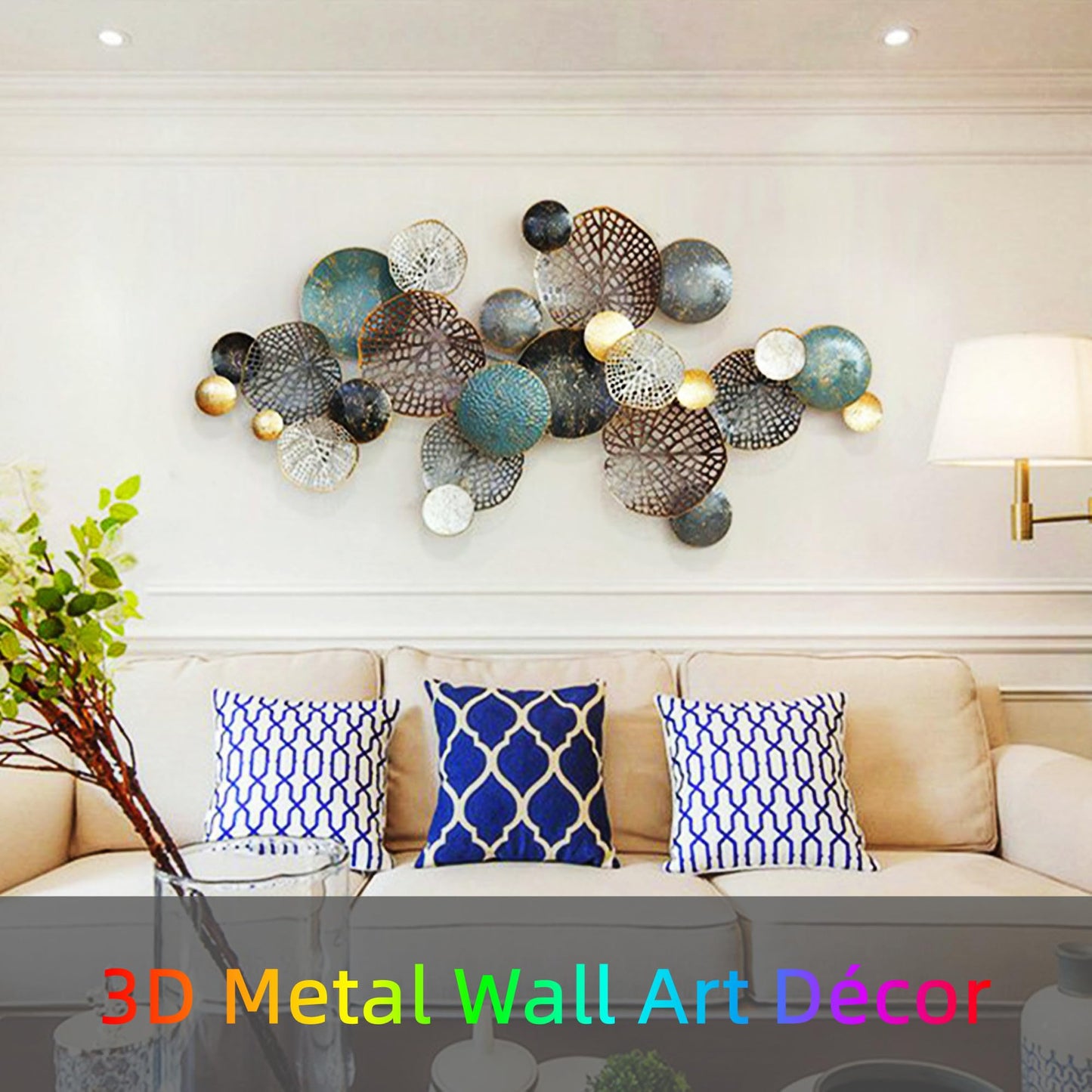 ZZYYZZ Large Metal Wall Decor, Boho Lotus Leaf Metal Wall Decoration, 3D Stacked Flower Wall Art Décor, Nautical Coastal Outdoor Wall Decor, for Living Room Bedroom Dining Room, 52.5" x 26.5"