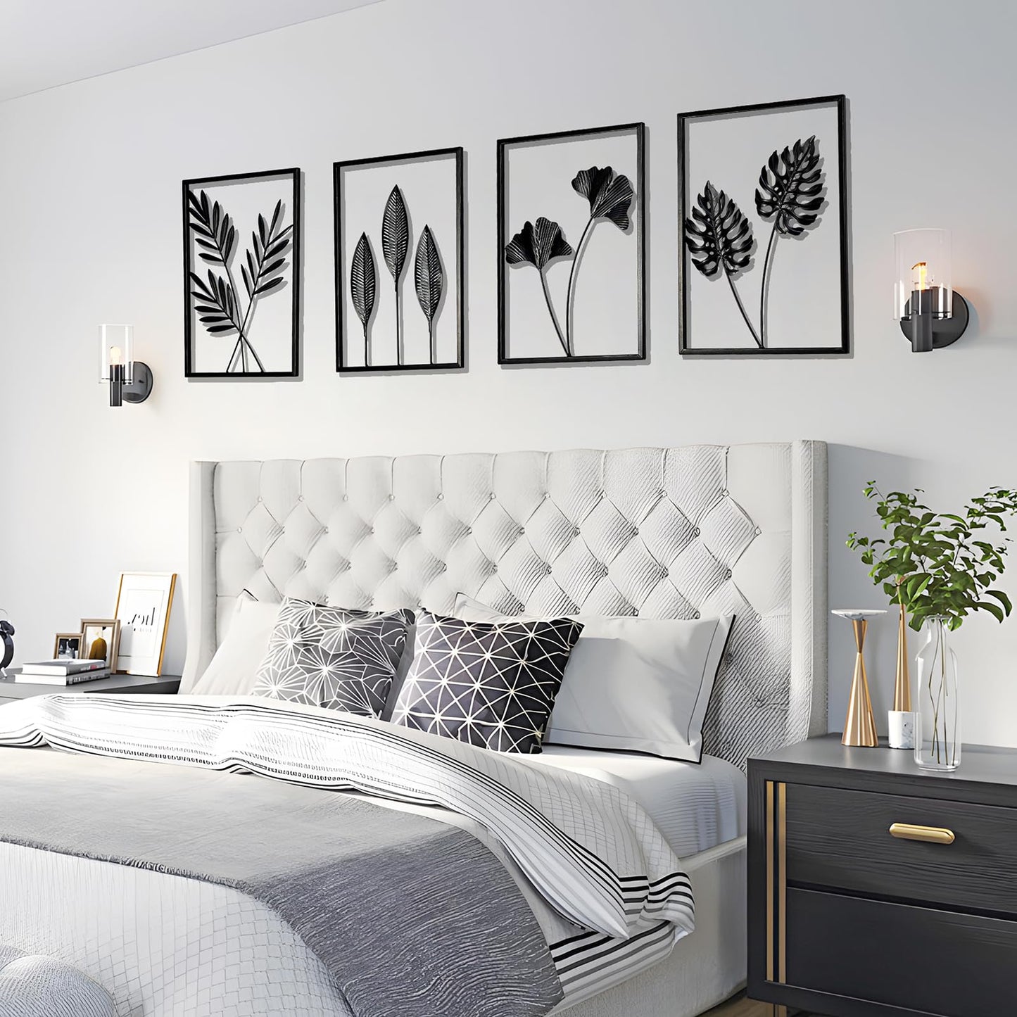 QXSXKJ Black Metal Wall Decor Framed, 3d Modern Metal Wall Art with Light, Minimalist Abstract Black Line Art DéCor, 4 Piece Home Art for Living Room Bedroom Bathroom