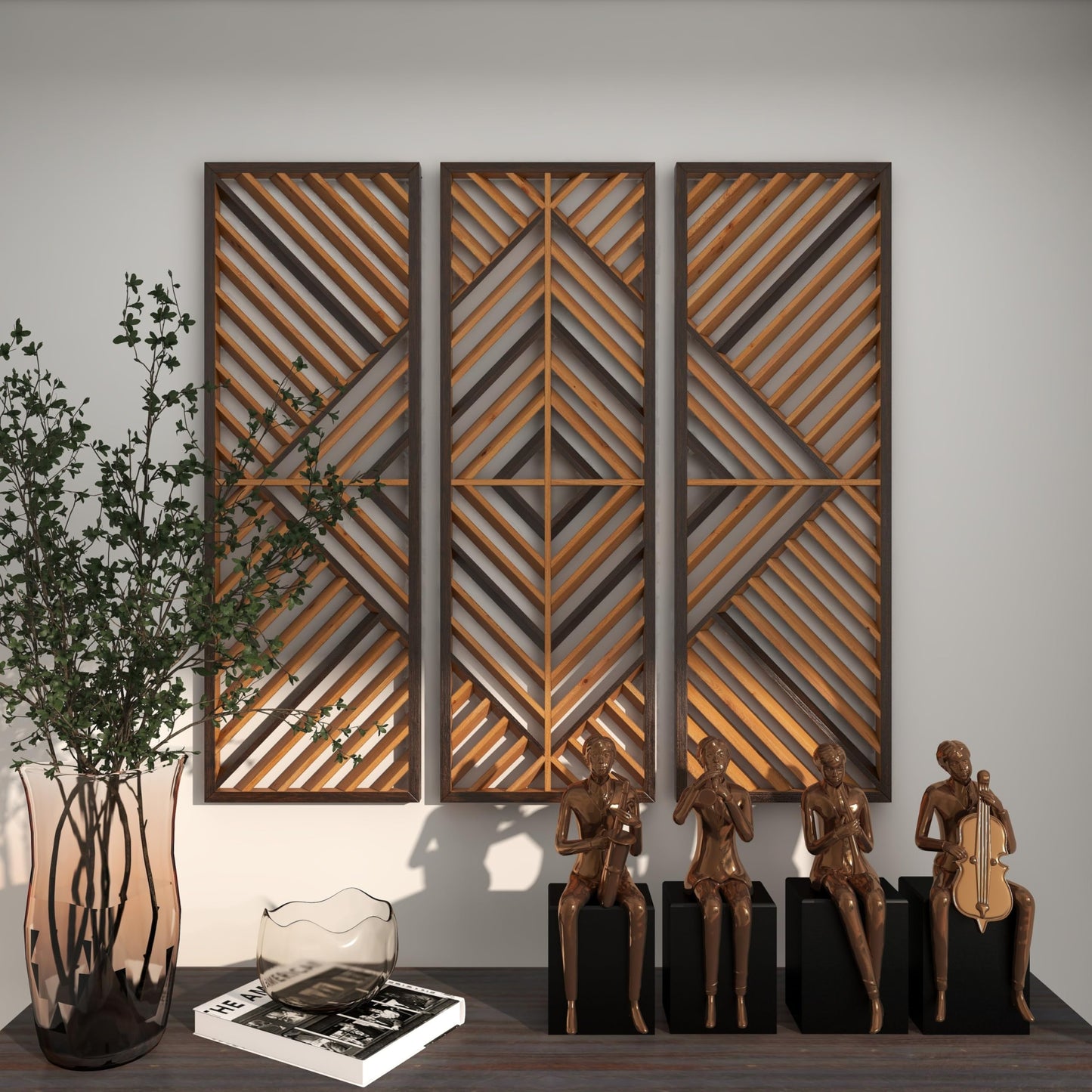 Deco 79 Wood Geometric Home Wall Decor Slatted Wood Design Wall Sculpture, Set of 3 Wall Art 12"W, 35"H, Brown