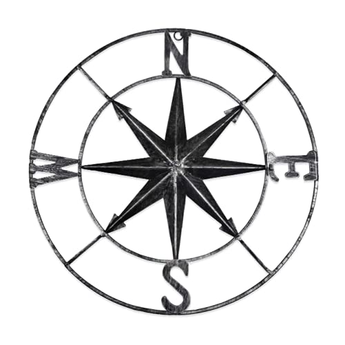 Round Metal Compass Decorative Compass Metal Wall Art Hanging Wall Sculpture 22.8 Inch Black Diameter Farmhouse Decor Indoor or Outdoor Sign