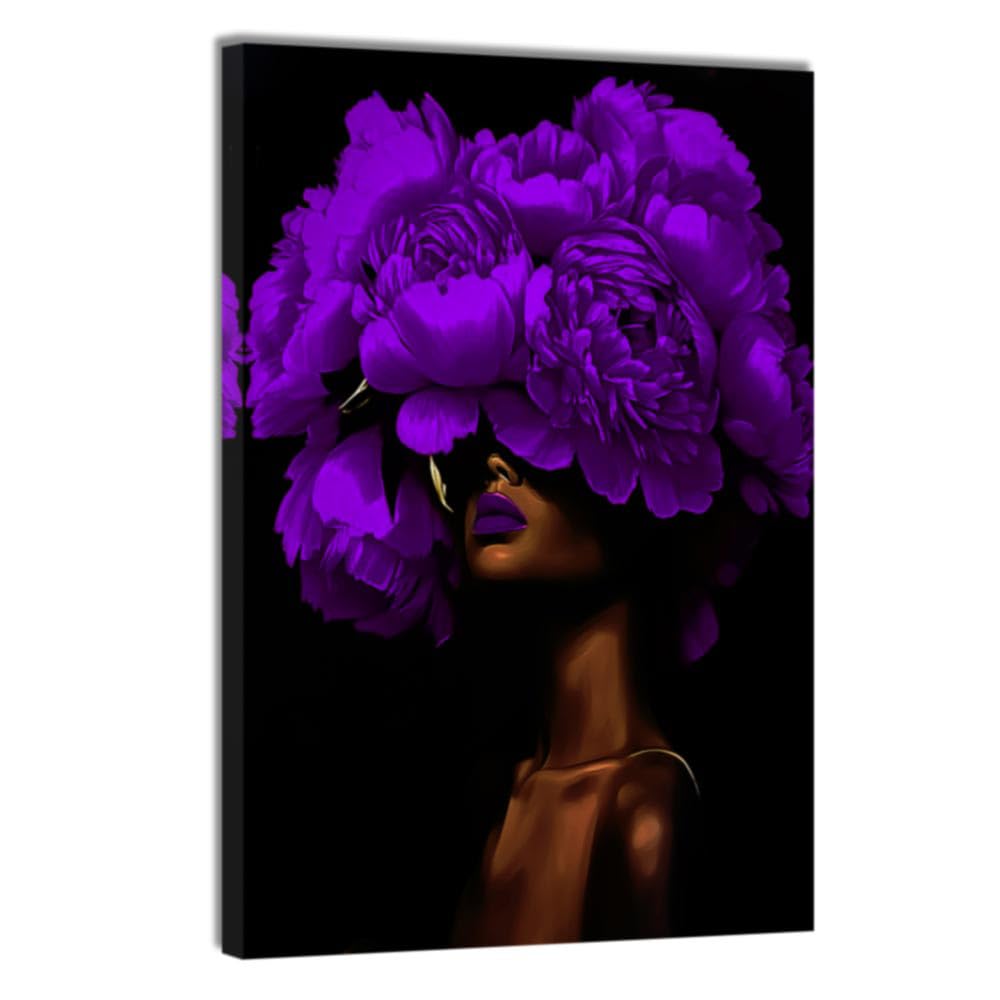 DOARTDO African American Wall Art Woman with Flowers on Head Painting Black and Purple Pictures Black Women Portrait Canvas Prints Bedroom Home Decor Framed (Purple, (12.00" x 18.00")