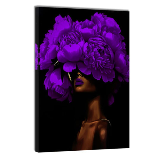 DOARTDO African American Wall Art Woman with Flowers on Head Painting Black and Purple Pictures Black Women Portrait Canvas Prints Bedroom Home Decor Framed (Purple, (12.00" x 18.00")