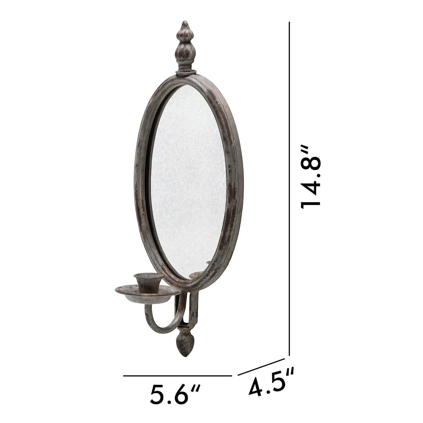 SOFFEE DESIGN Antique Metal Candle Sconces Candlestick Holder Wall Mounted Distressed with Oval Faded-Looking Mirror