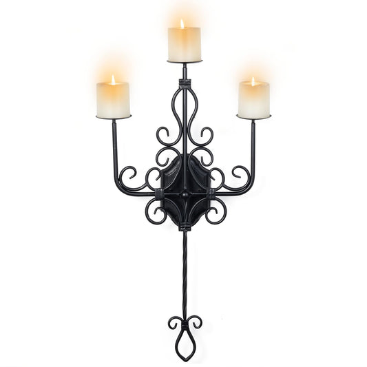 Large Wall Sconce Candle Holder，3 Iron Candelabra,Gothic Victorian Metal Wall Decor，Oversized Wall Candle Sconces，Retro Black Wall Sconces for Home,Living Room, Bathroom, Dining Room，Set of 1