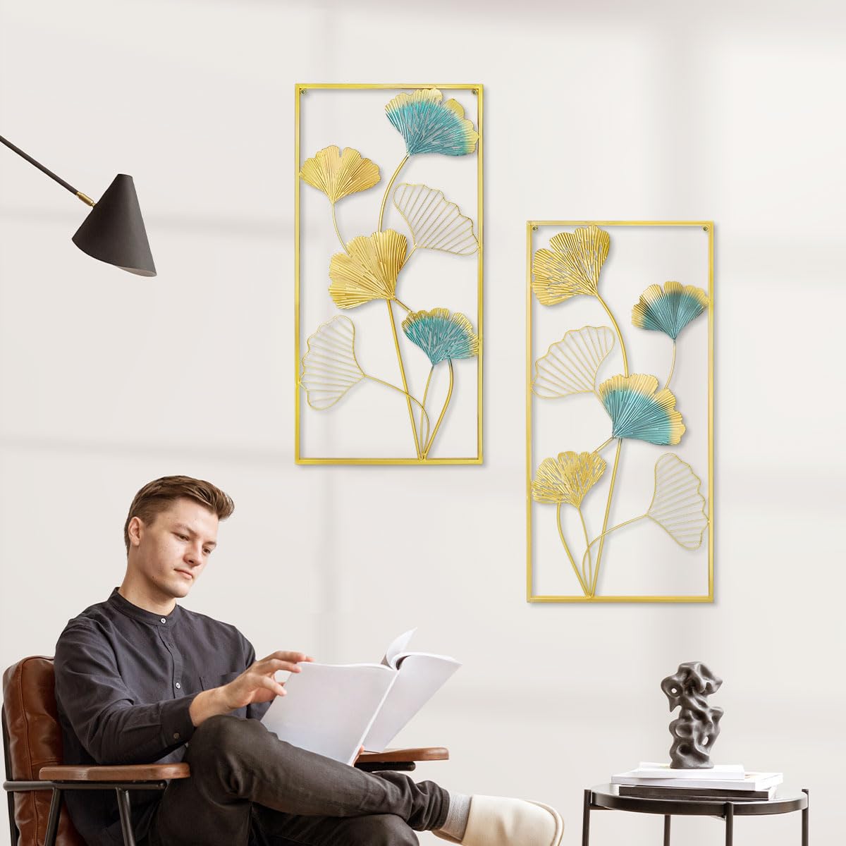 XUANYUQL Metal Wall Art Set of 2 Gold Wall Decor Ginkgo Leaf Wall Decorations with Frame for Living Room Bedroom Study Room Home Office (33.5" X 15.75")