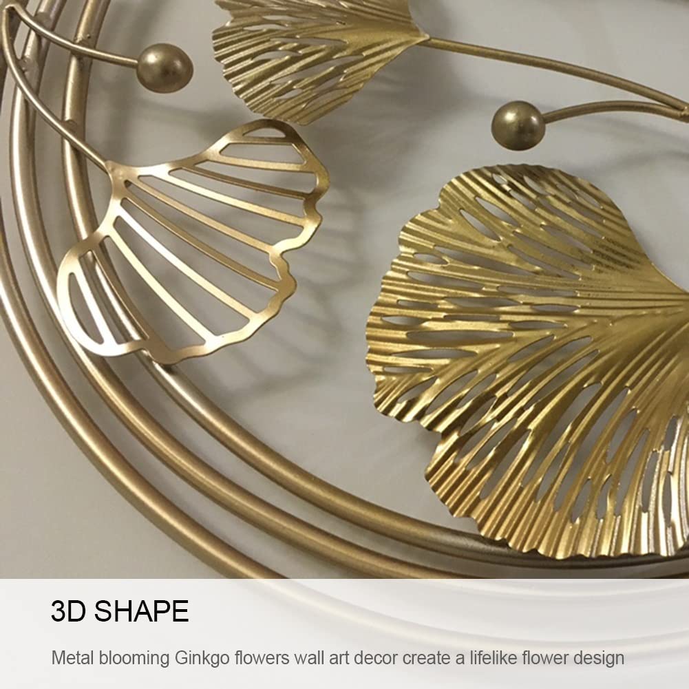 3D Room Wall Decor, Handmade Art Metal Round Golden Ginkgo Leaf Decorative Wall Sculpture for Home Living Room And Bedroom, 2 Pack