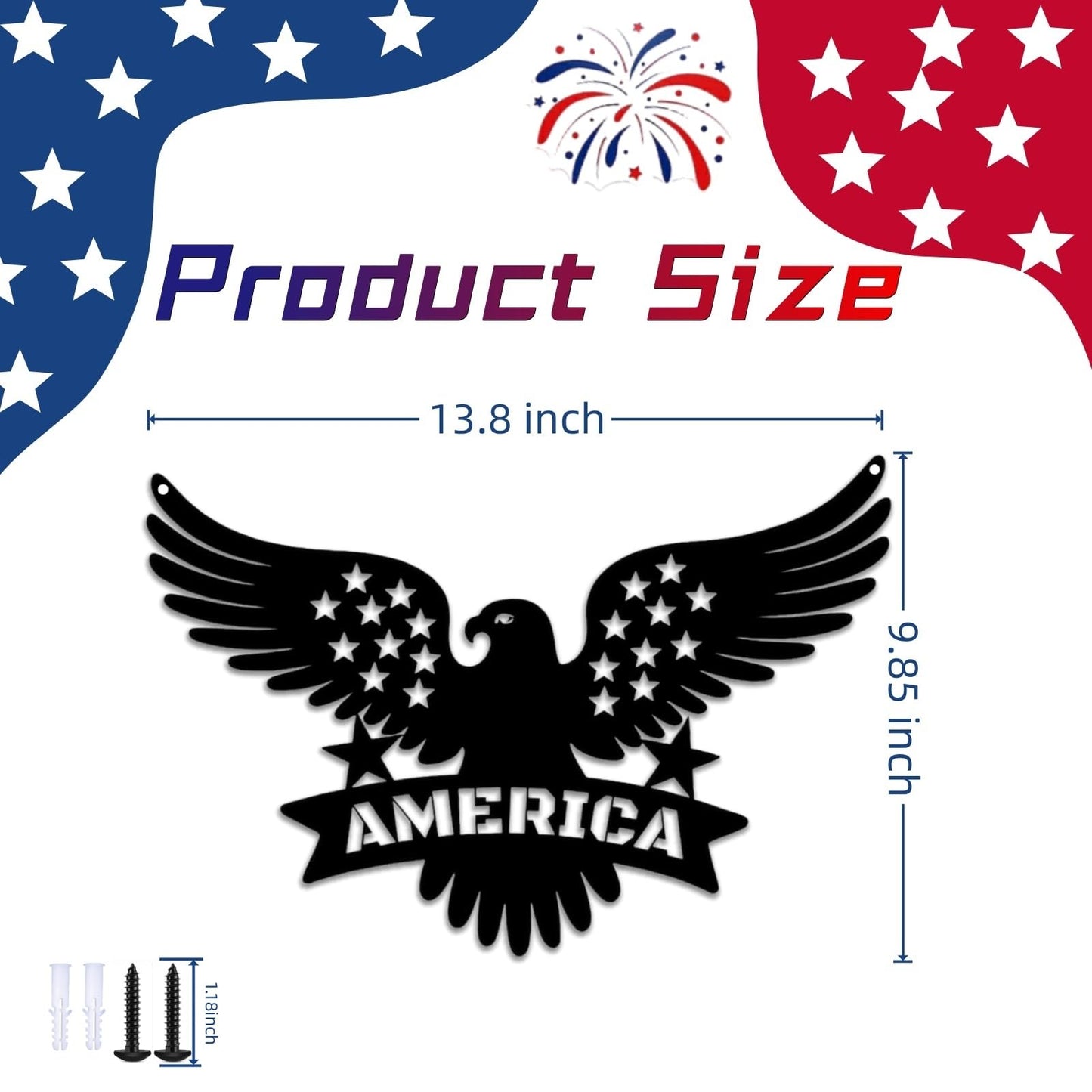 American Eagle Metal Wall Decor - Patriotic Bald Eagle with Stars & Stripes, 4th of July Independence Day Hanging Art for Outdoor/Indoor, Office, Bedroom (13.8x9.85 Inch)