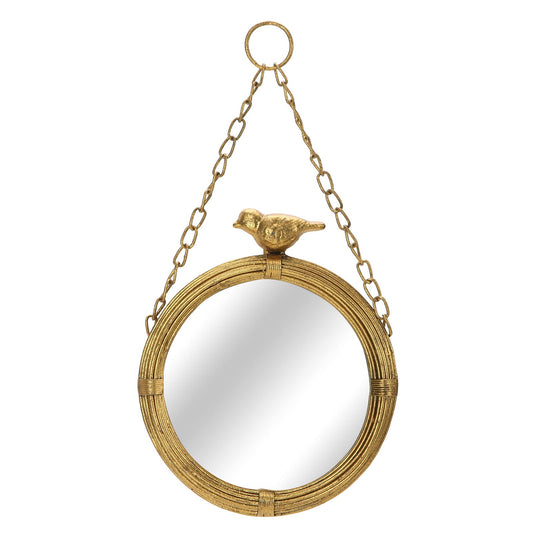 NIKKY HOME 6.7 Inch Decorative Small Hanging Mirrors Vintage Round Metal Framed Wall Mounted Mirror Decor with Bird for Bathroom Living Room Office, Rustic Gold