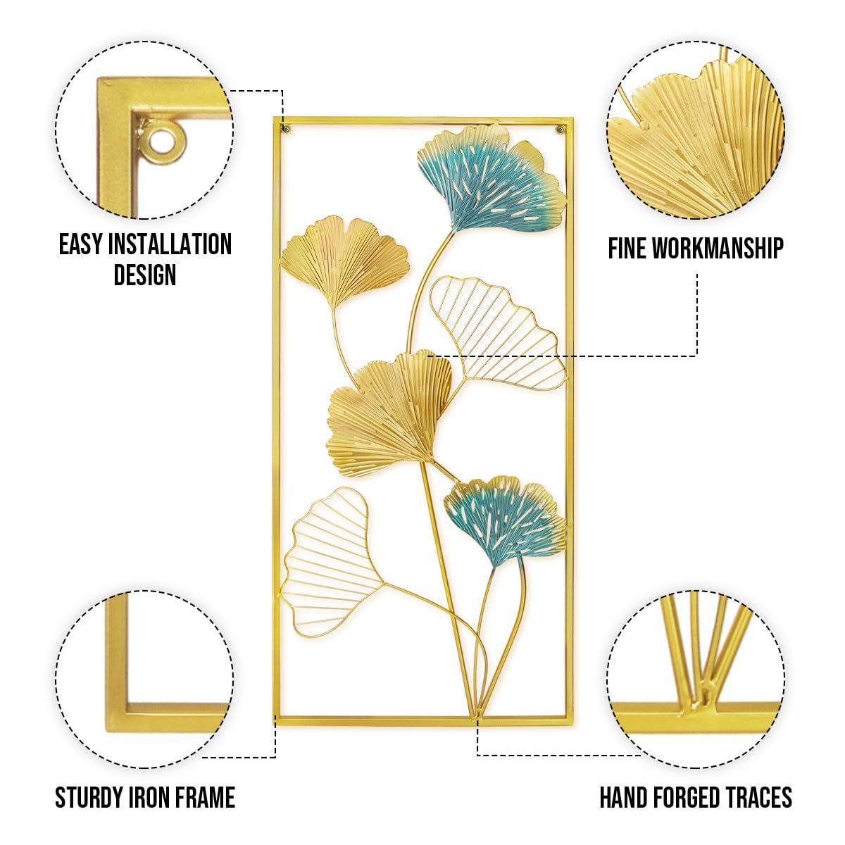 XUANYUQL Metal Wall Art Set of 2 Gold Wall Decor Ginkgo Leaf Wall Decorations with Frame for Living Room Bedroom Study Room Home Office (33.5" X 15.75")