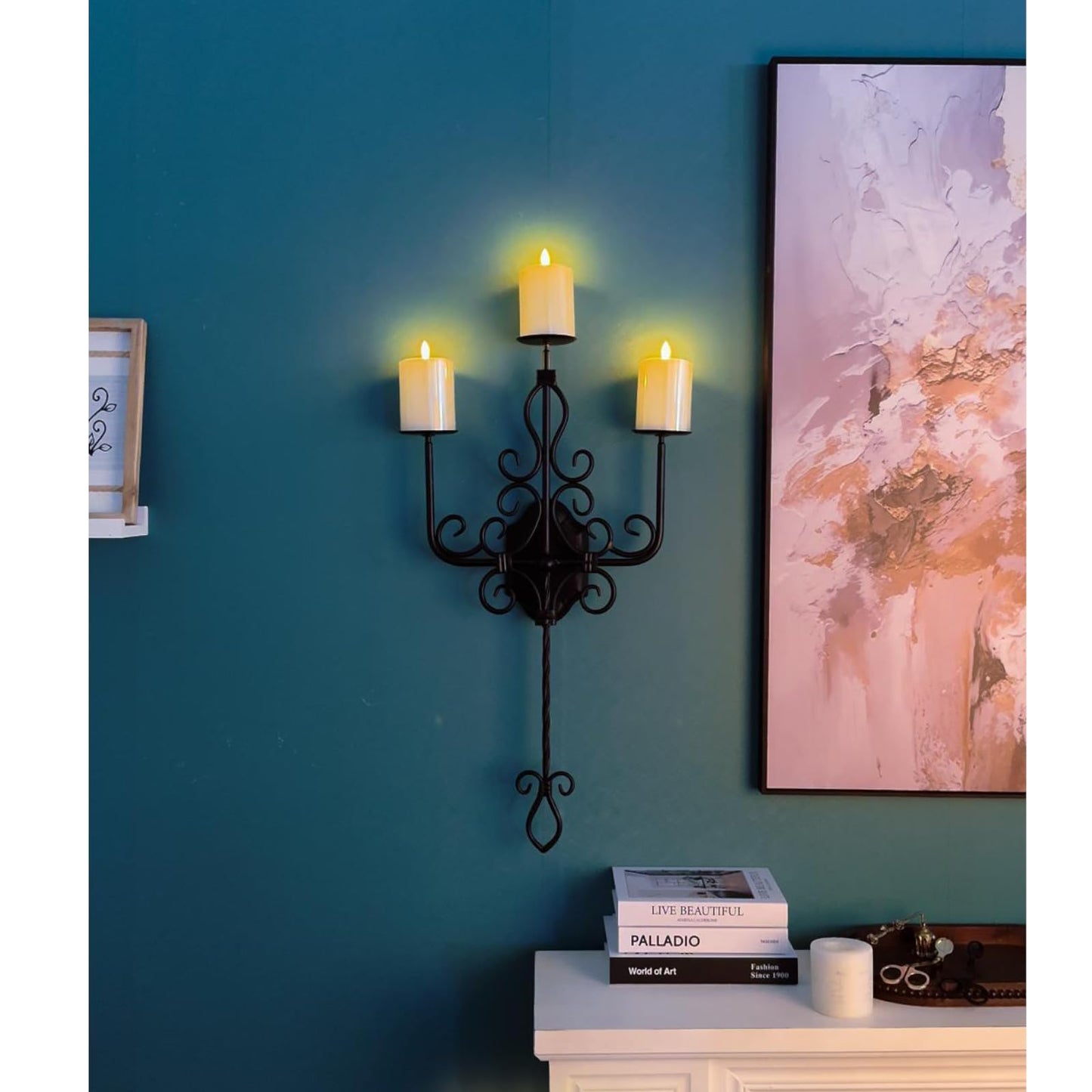 Large Wall Sconce Candle Holder，3 Iron Candelabra,Gothic Victorian Metal Wall Decor，Oversized Wall Candle Sconces，Retro Black Wall Sconces for Home,Living Room, Bathroom, Dining Room，Set of 1