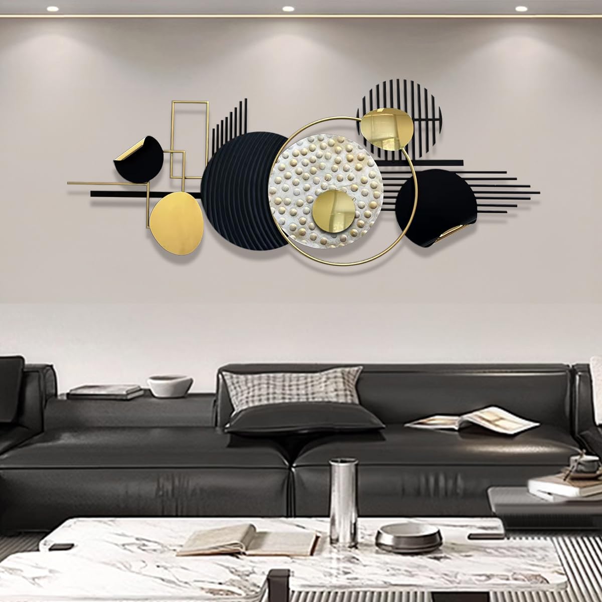 ERMOFAV Metal Wall Art Modern Art Black and Gold Boho Living Room Decor Art Abstract Geometric Sculptures Large Wall Decor for Living Room Dining Room Bedroom Aathroom