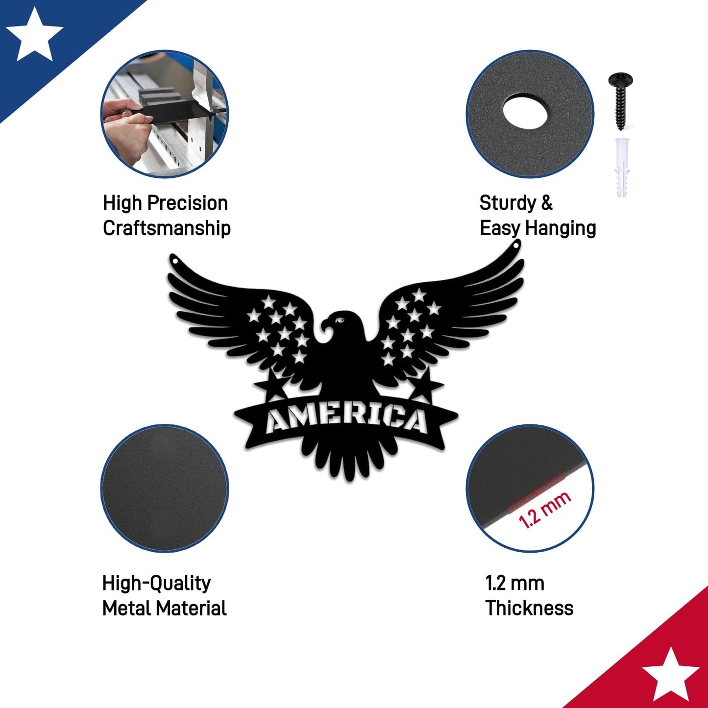 American Eagle Metal Wall Decor - Patriotic Bald Eagle with Stars & Stripes, 4th of July Independence Day Hanging Art for Outdoor/Indoor, Office, Bedroom (13.8x9.85 Inch)