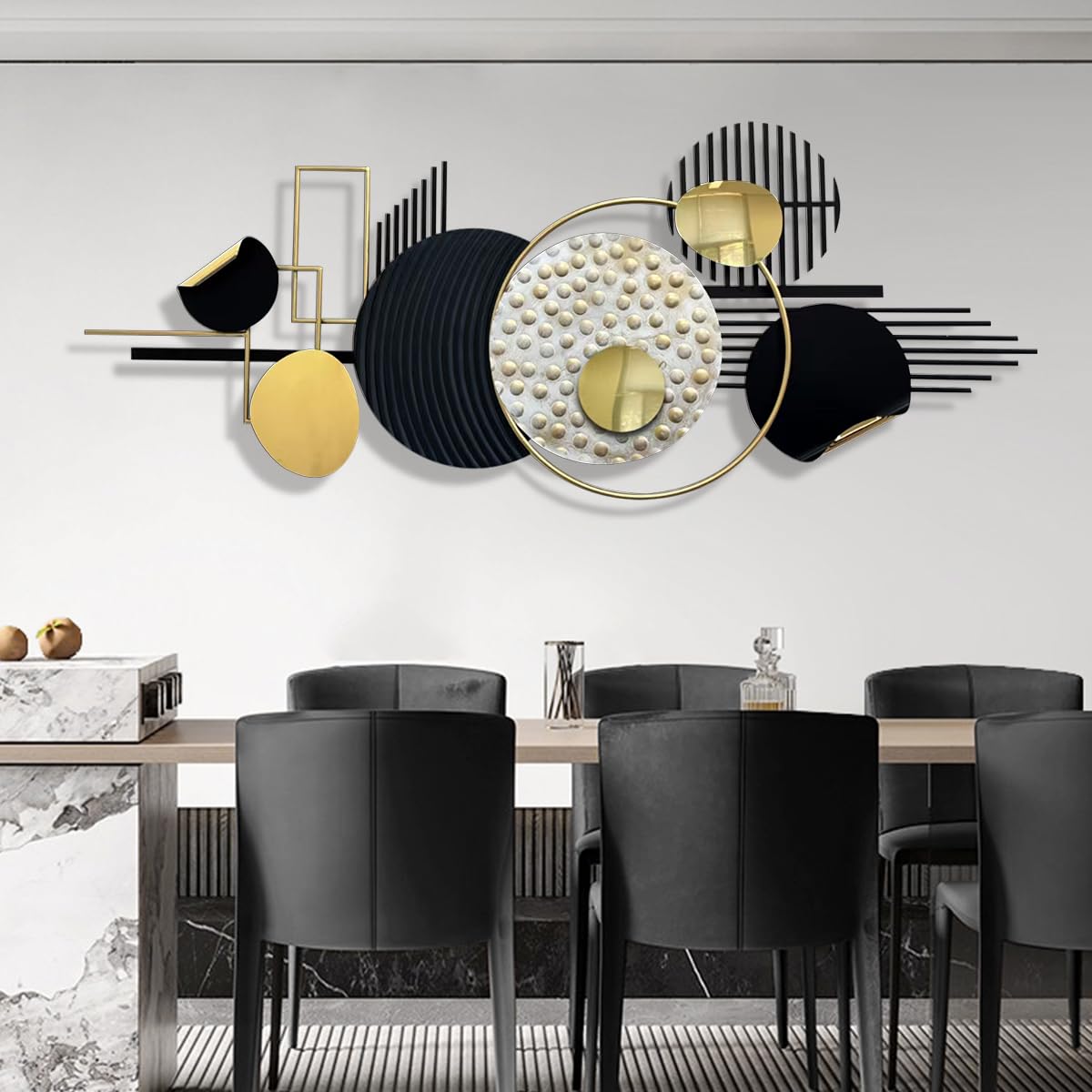 ERMOFAV Metal Wall Art Modern Art Black and Gold Boho Living Room Decor Art Abstract Geometric Sculptures Large Wall Decor for Living Room Dining Room Bedroom Aathroom