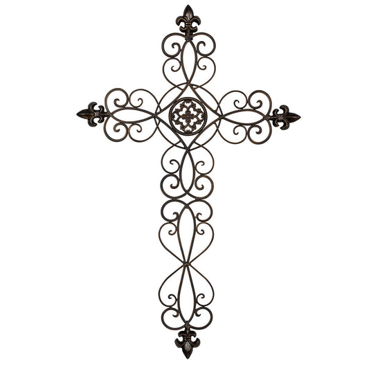 Retrome 28" H Large Iron Cross Wall Decor for Home, Fleur-De-Lis Accents, Dark Bronze