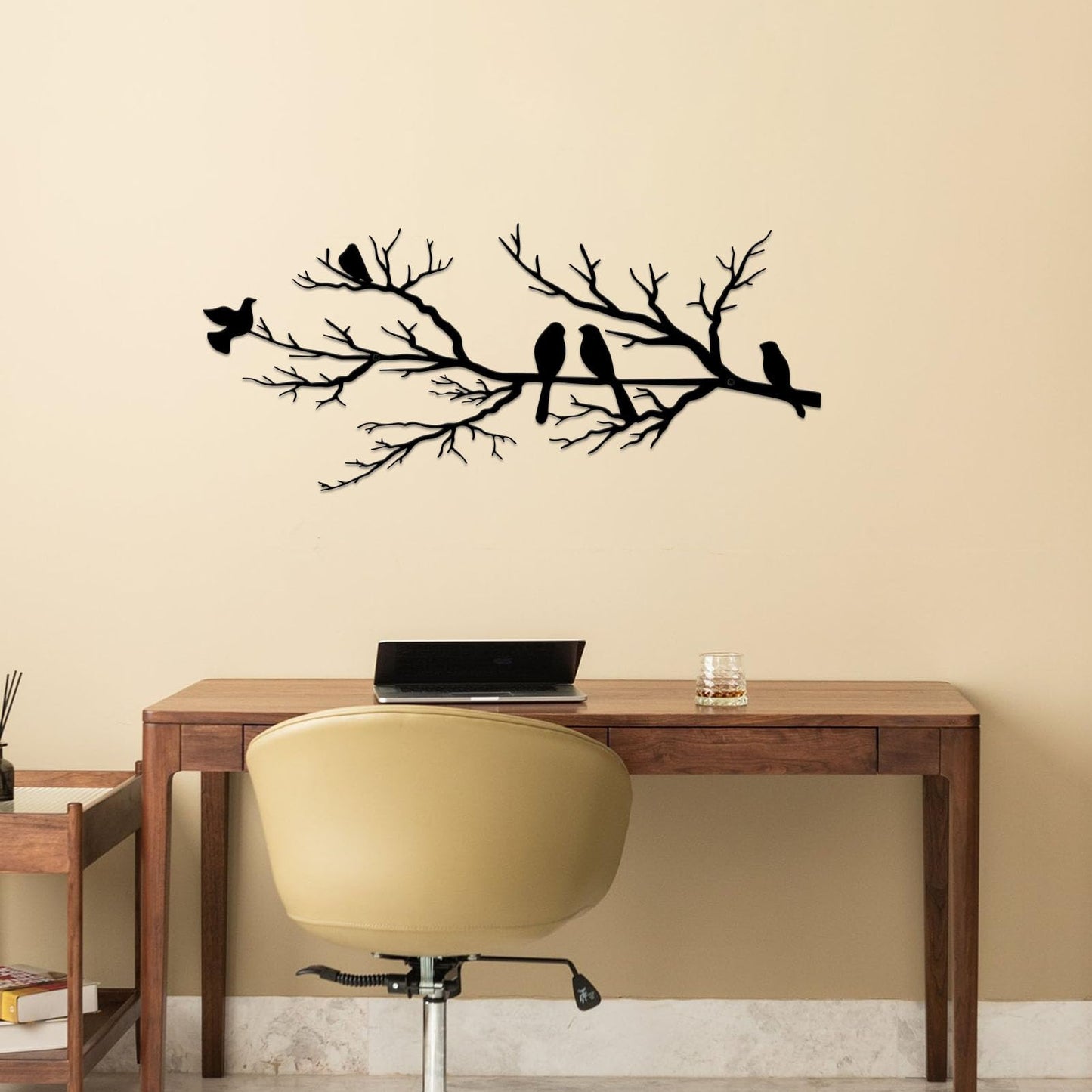 ESTART Metal Birds Wall Art, Metal Vivid Birds on Branch Silhouette Wall Decor Black Leaves with Bird Outdoor Hanging Wall Sculpture for Home Balcony Garden(Large)